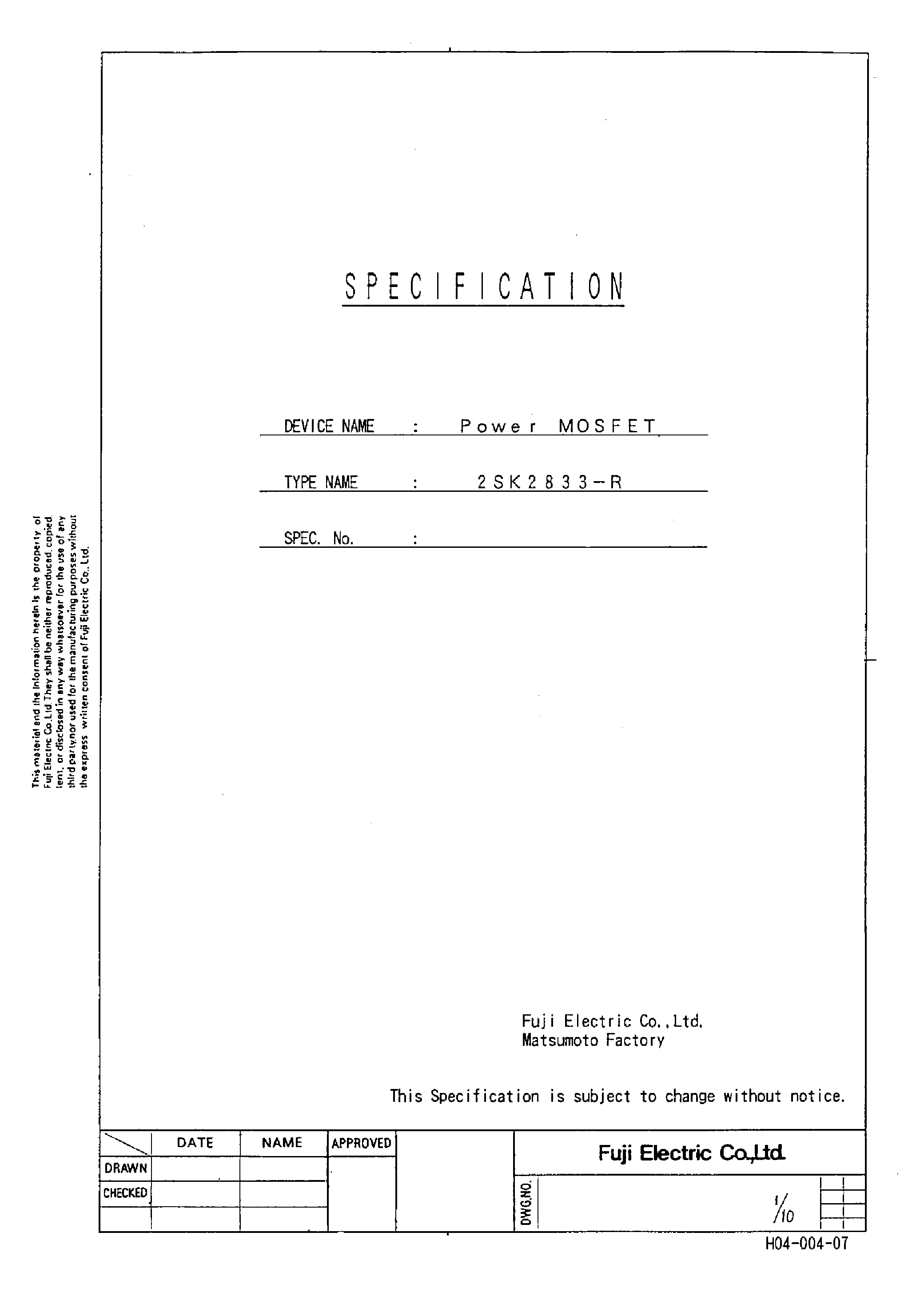 Datasheet 2SK2833-R - Power MOSFET page 1