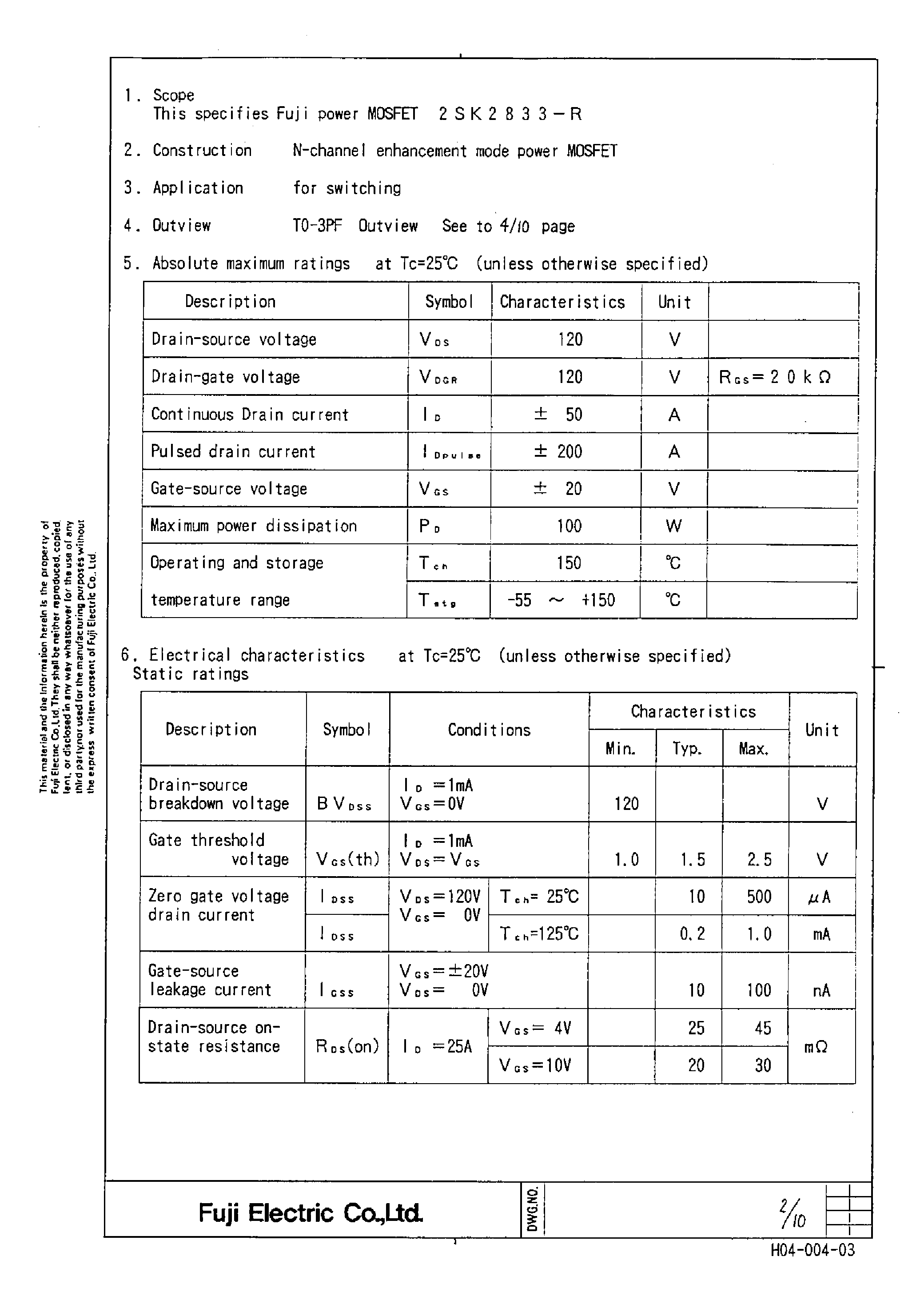 Datasheet 2SK2833-R - Power MOSFET page 2