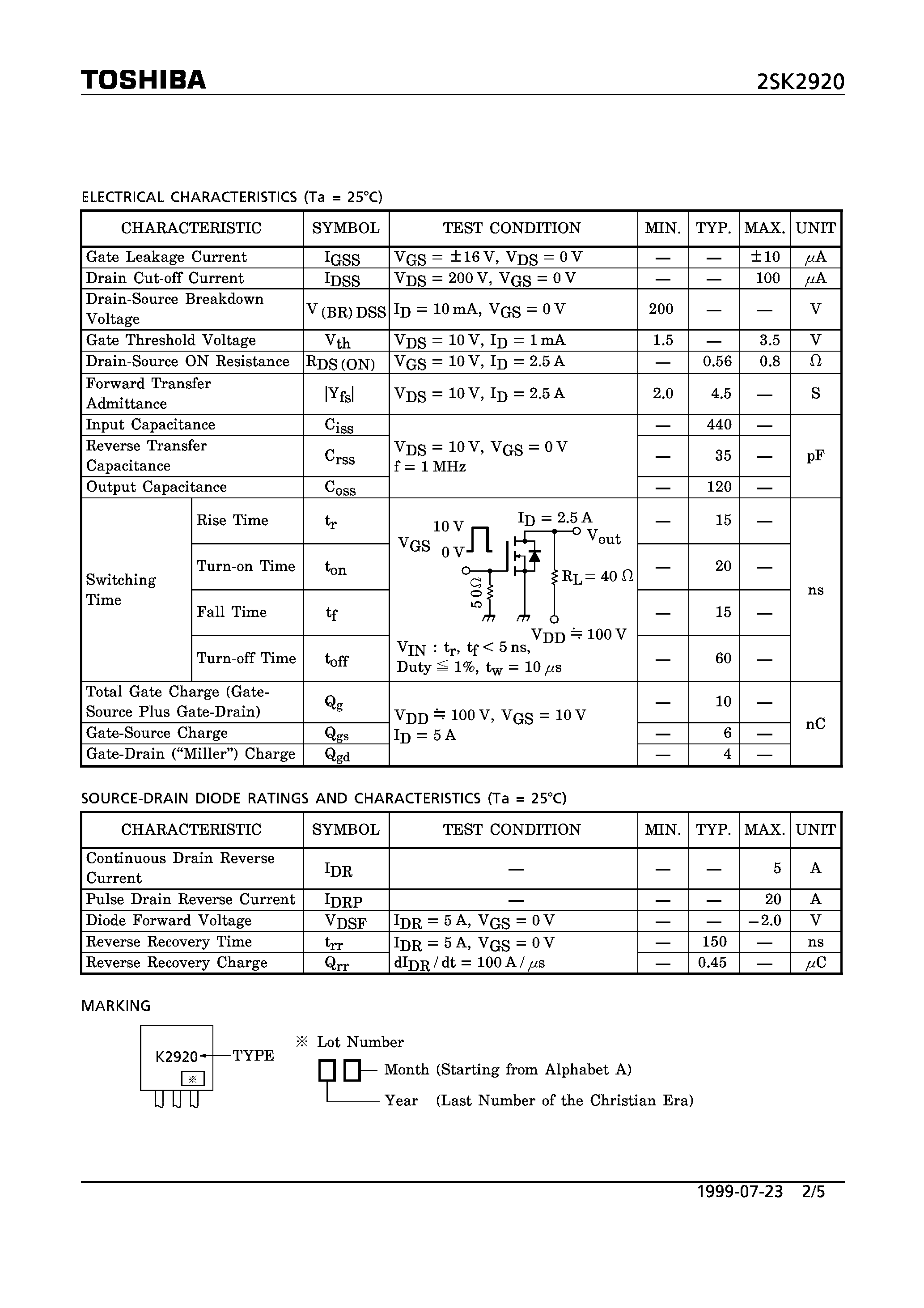 Datasheet 2SK2920 - N CHANNEL MOS TYPE (HIGH SPEED/ HIGH CURRENT SWITCHING/ CHOPPER REGULATOR/ DC-DC CONVERTERAND AND MOTOR DRIVE APPLICATIONS) page 2