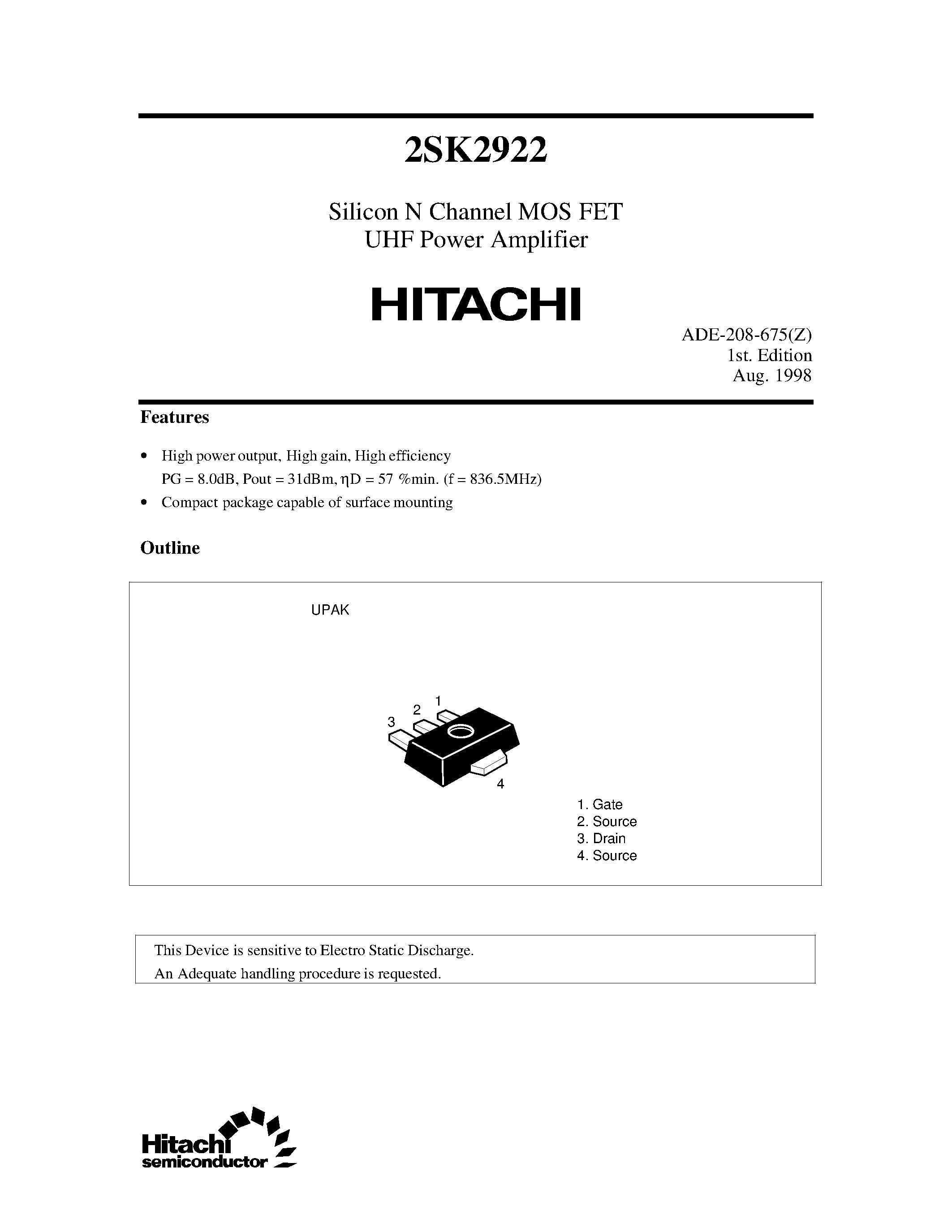 Datasheet 2SK2922 - Silicon N Channel MOS FET UHF Power Amplifier page 1