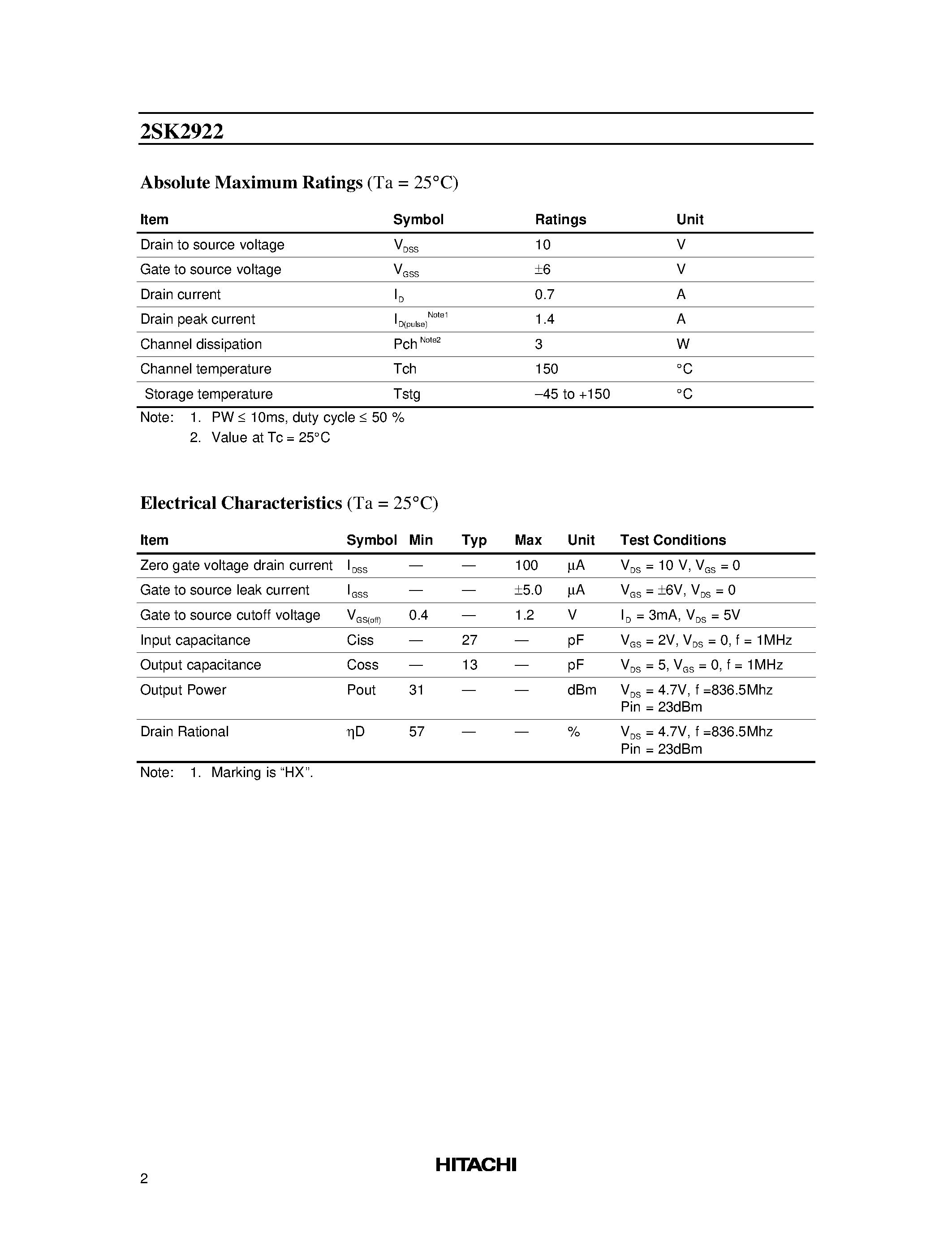 Datasheet 2SK2922 - Silicon N Channel MOS FET UHF Power Amplifier page 2