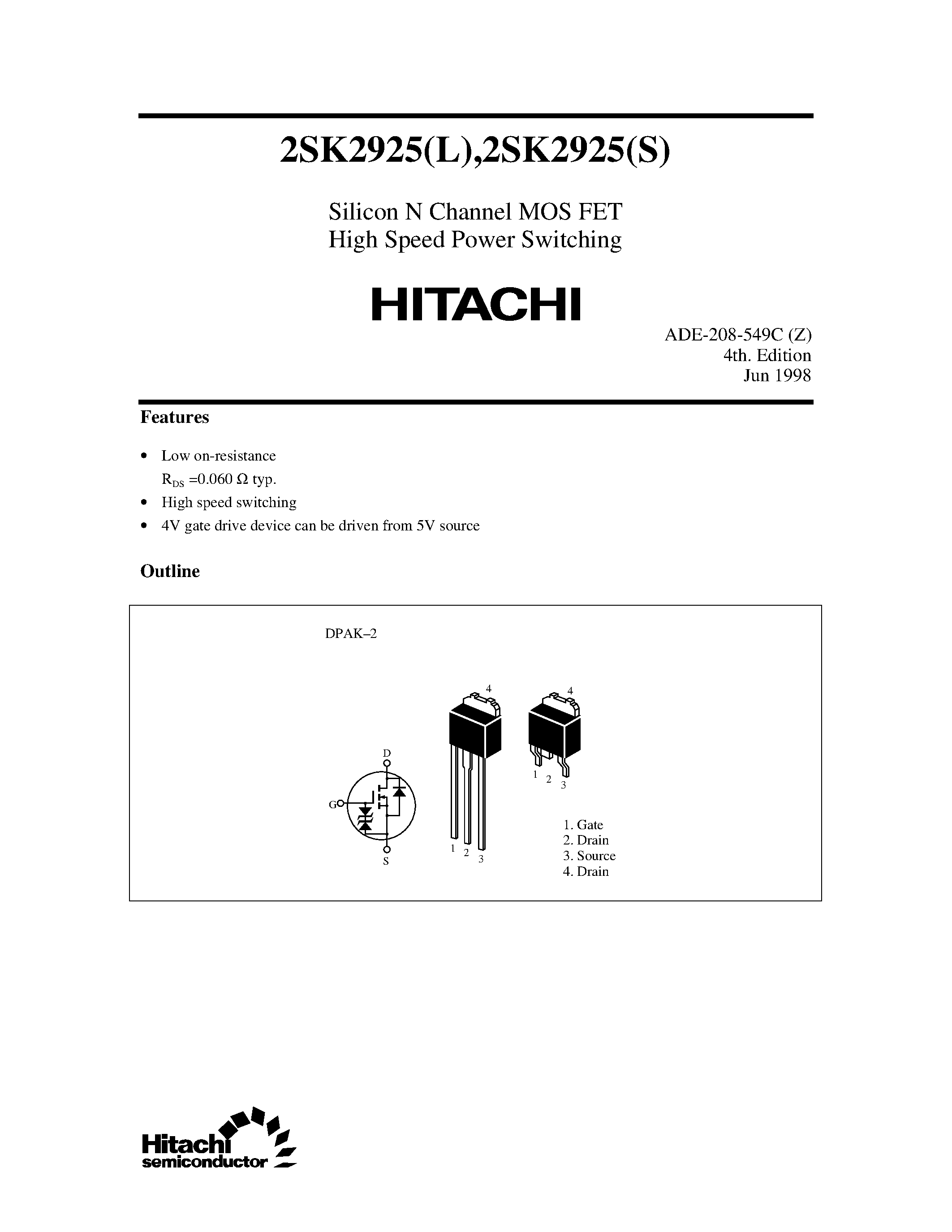 Datasheet 2SK2925 - Silicon N Channel MOS FET High Speed Power Switching page 1