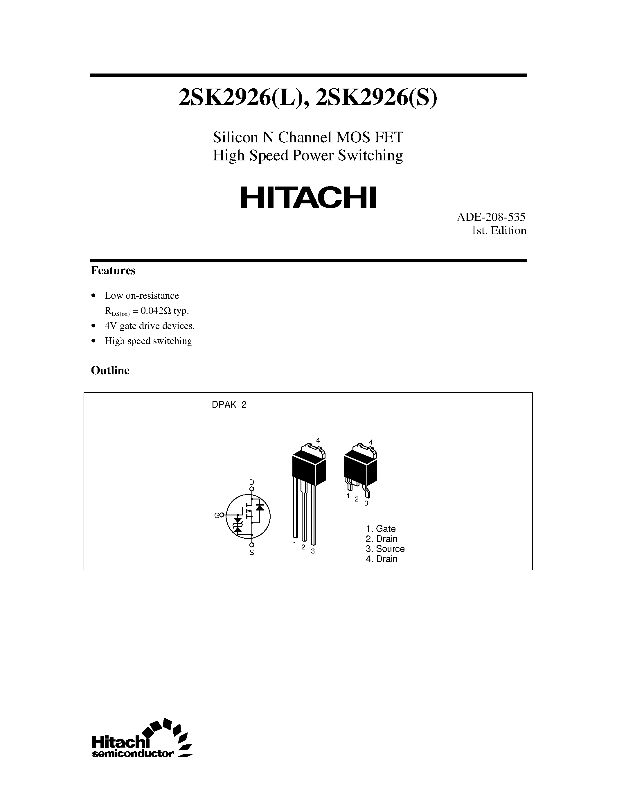 Datasheet 2SK2926 - Silicon N Channel MOS FET High Speed Power Switching page 1