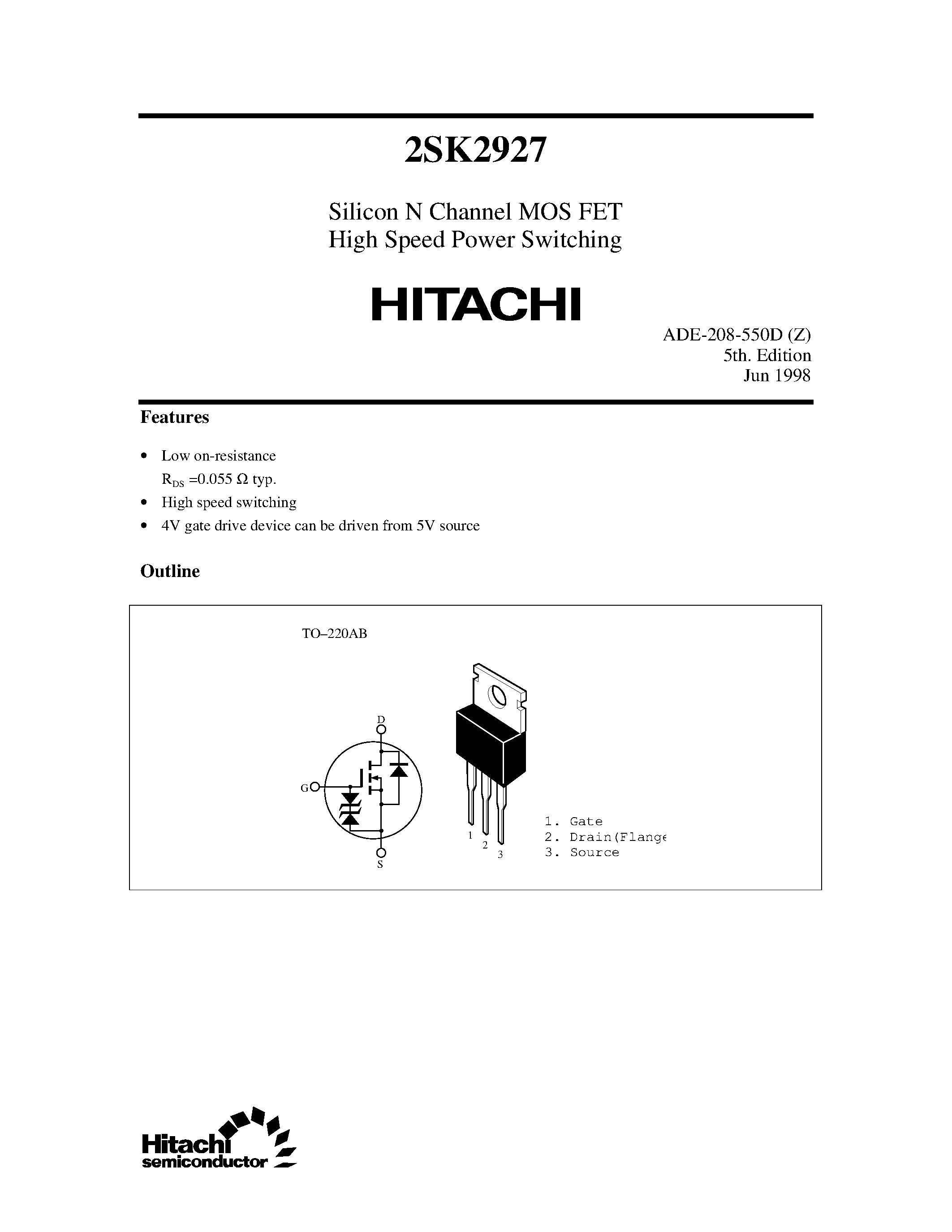 Datasheet 2SK2927 - Silicon N Channel MOS FET High Speed Power Switching page 1