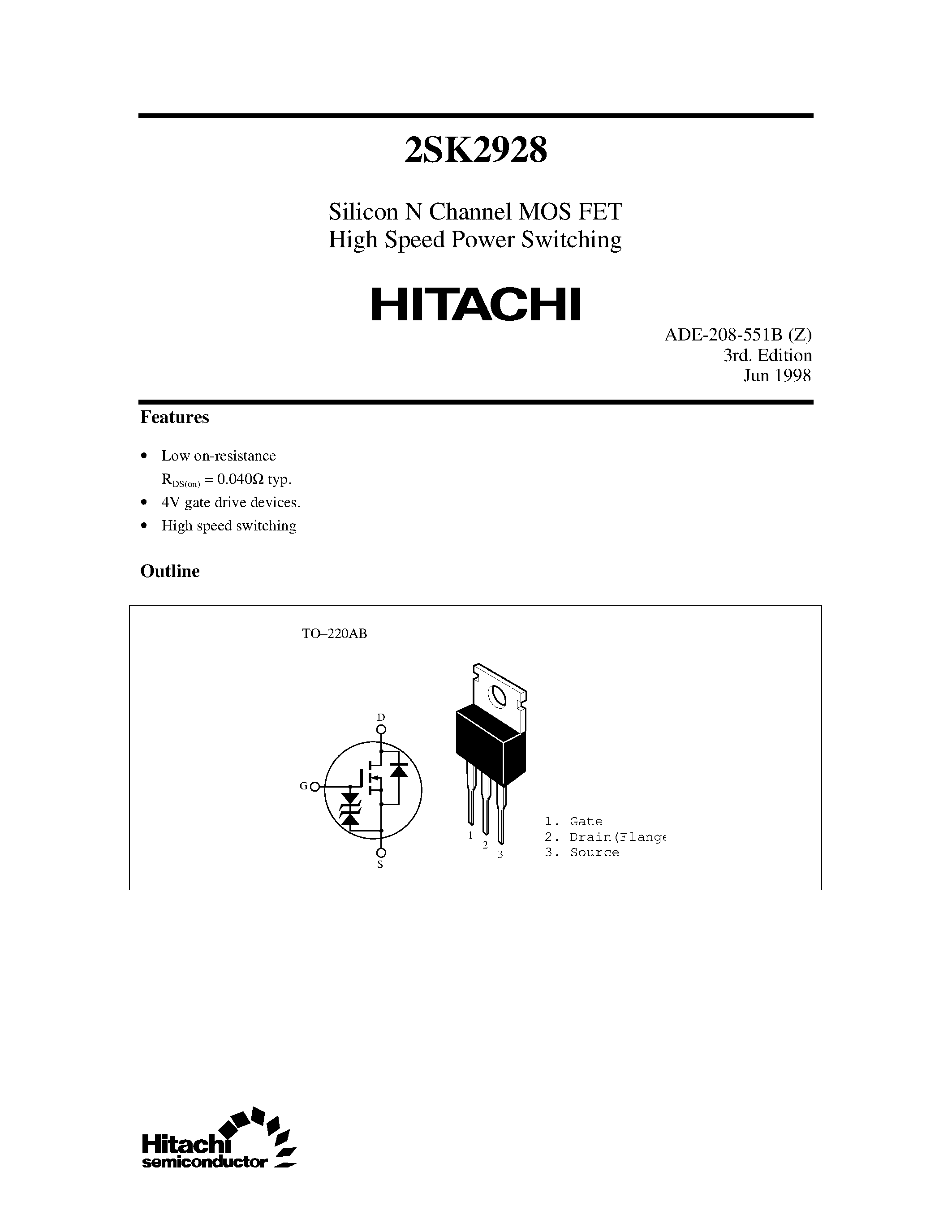 Datasheet 2SK2928 - Silicon N Channel MOS FET High Speed Power Switching page 1