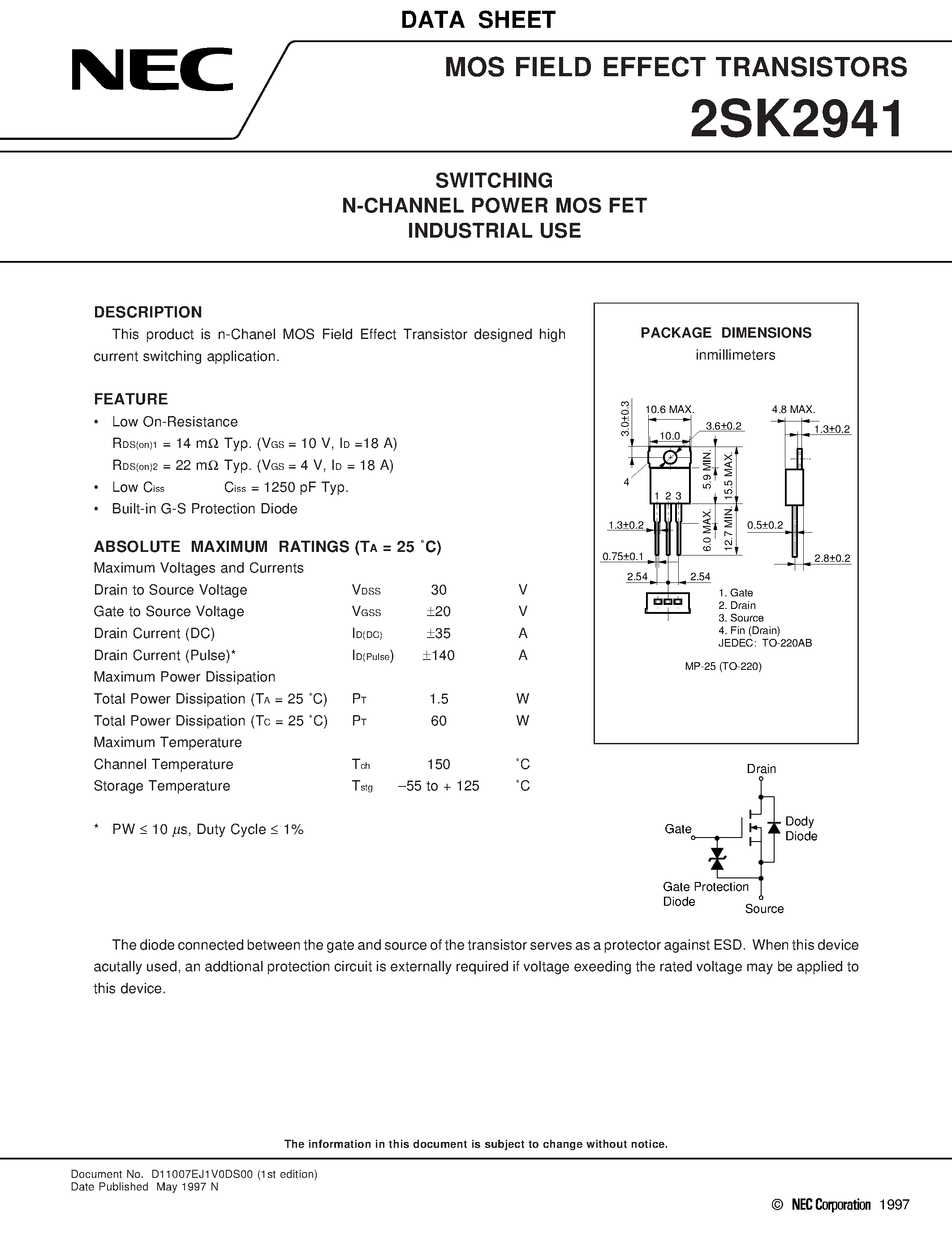 Datasheet 2SK2941 - SWITCHING N-CHANNEL POWER MOS FET INDUSTRIAL USE page 1