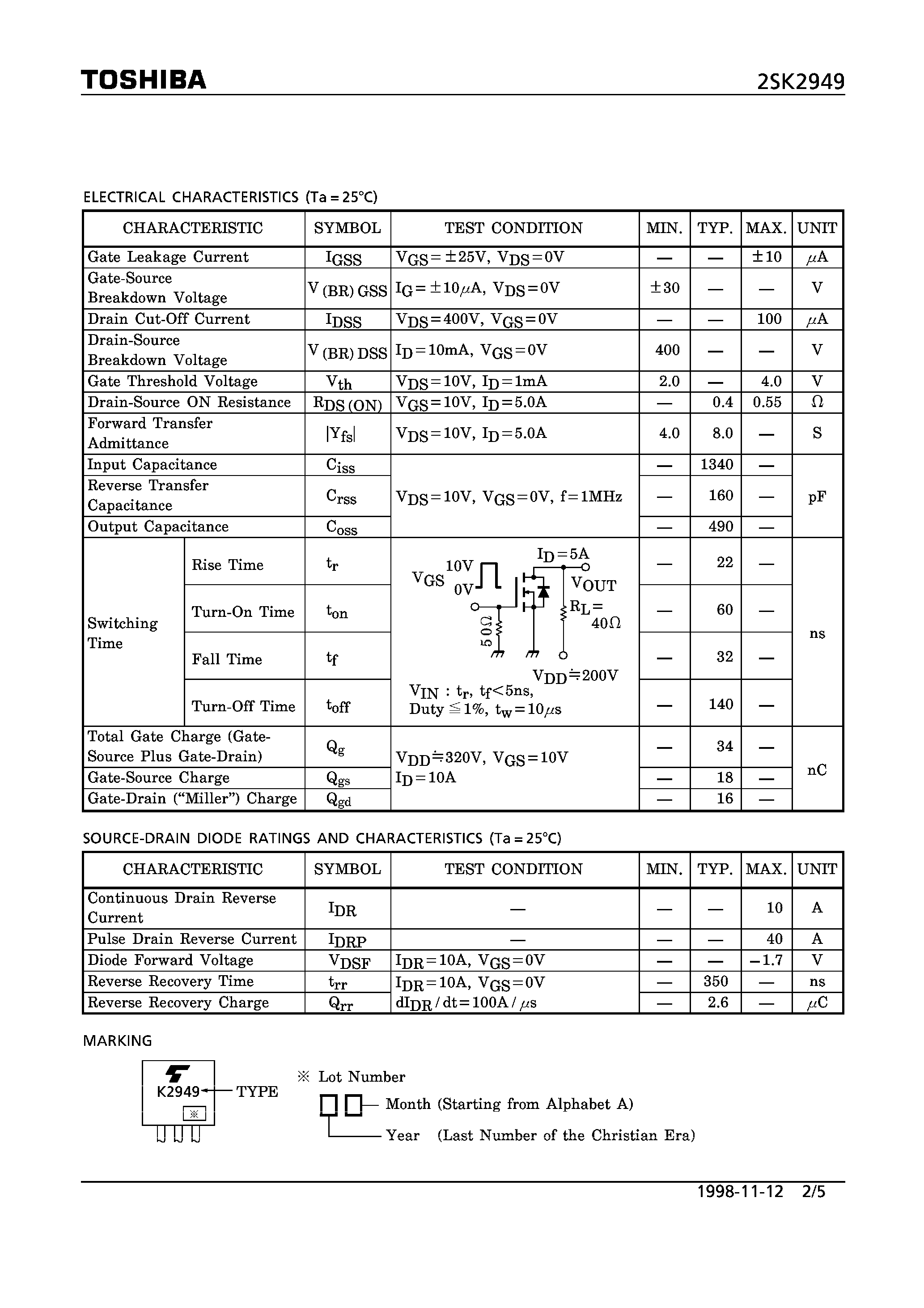 Datasheet 2SK2949 - N CHANNEL MOS TYPE (HIGH SPEED/ HIGH CURRENT SWITCHING/ CHOPPER REGULATOR/ DC-DC CONVERTERAND AND MOTOR DRIVE APPLICATIONS) page 2