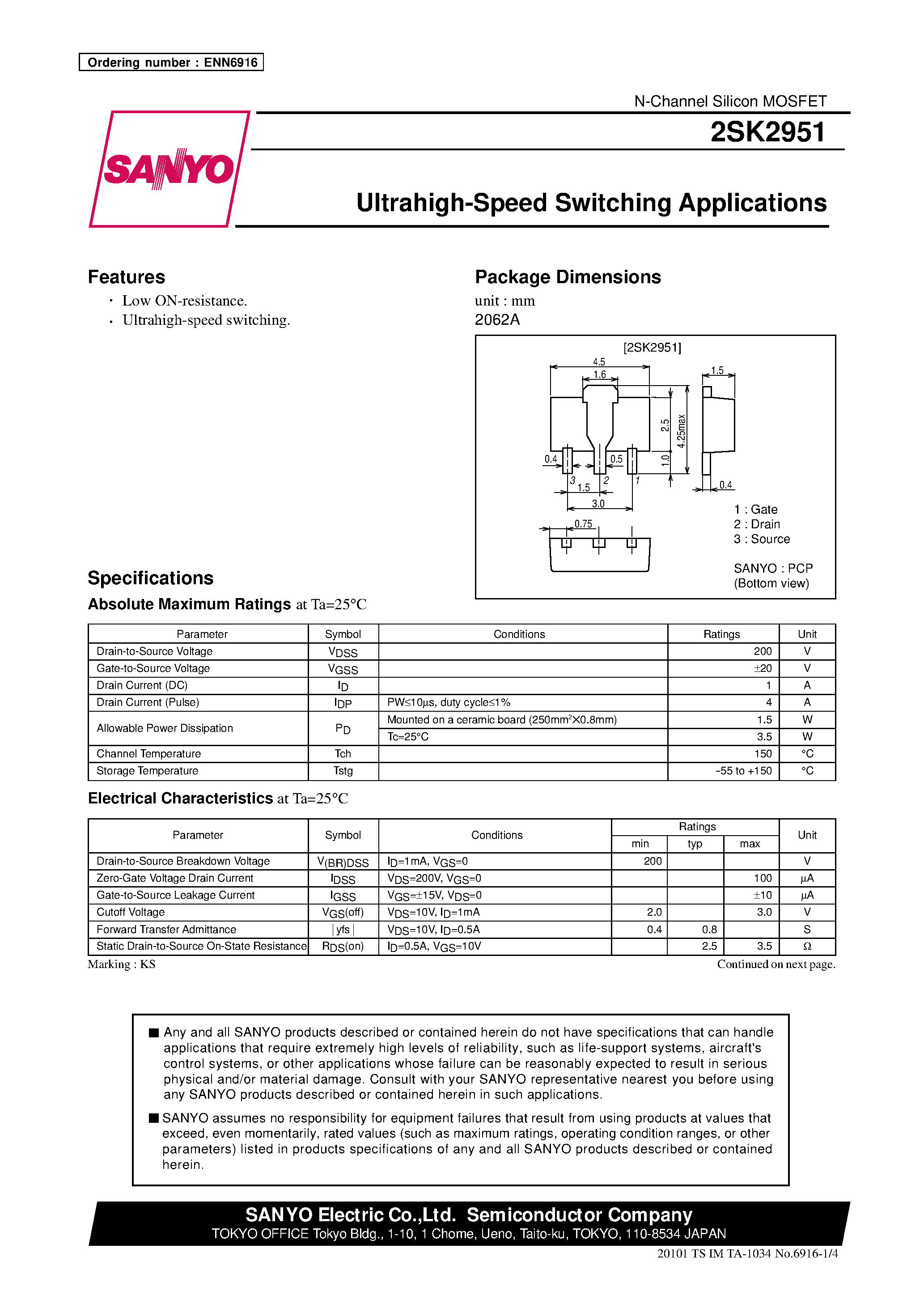 Datasheet 2SK2951 - Ultrahigh-Speed Switching Applications page 1