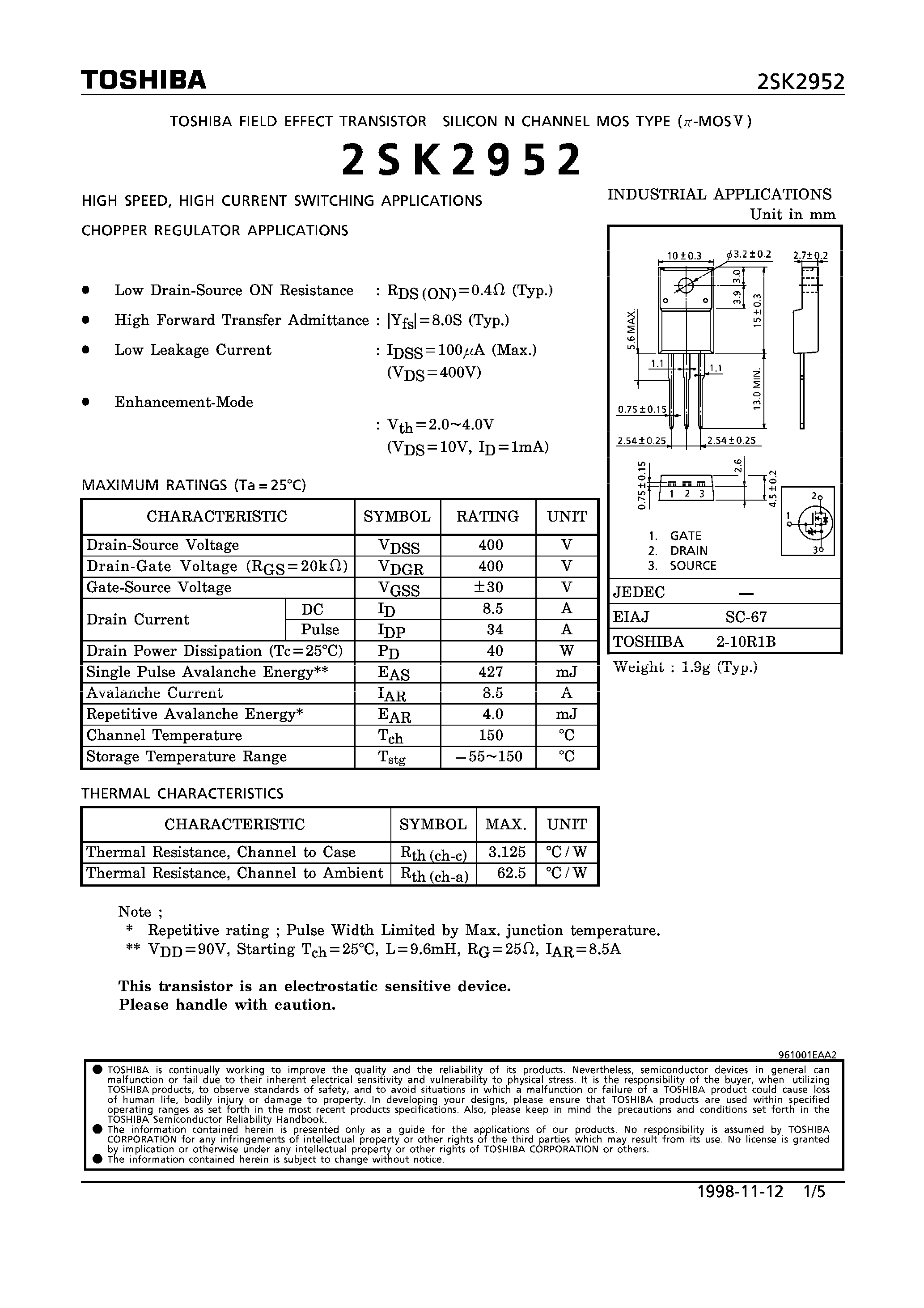 Datasheet 2SK2952 - N CHANNEL MOS TYPE (HIGH SPEED/ HIGH CURRENT SWITCHING/ CHOPPER REGULATOR APPLICATIONS) page 1