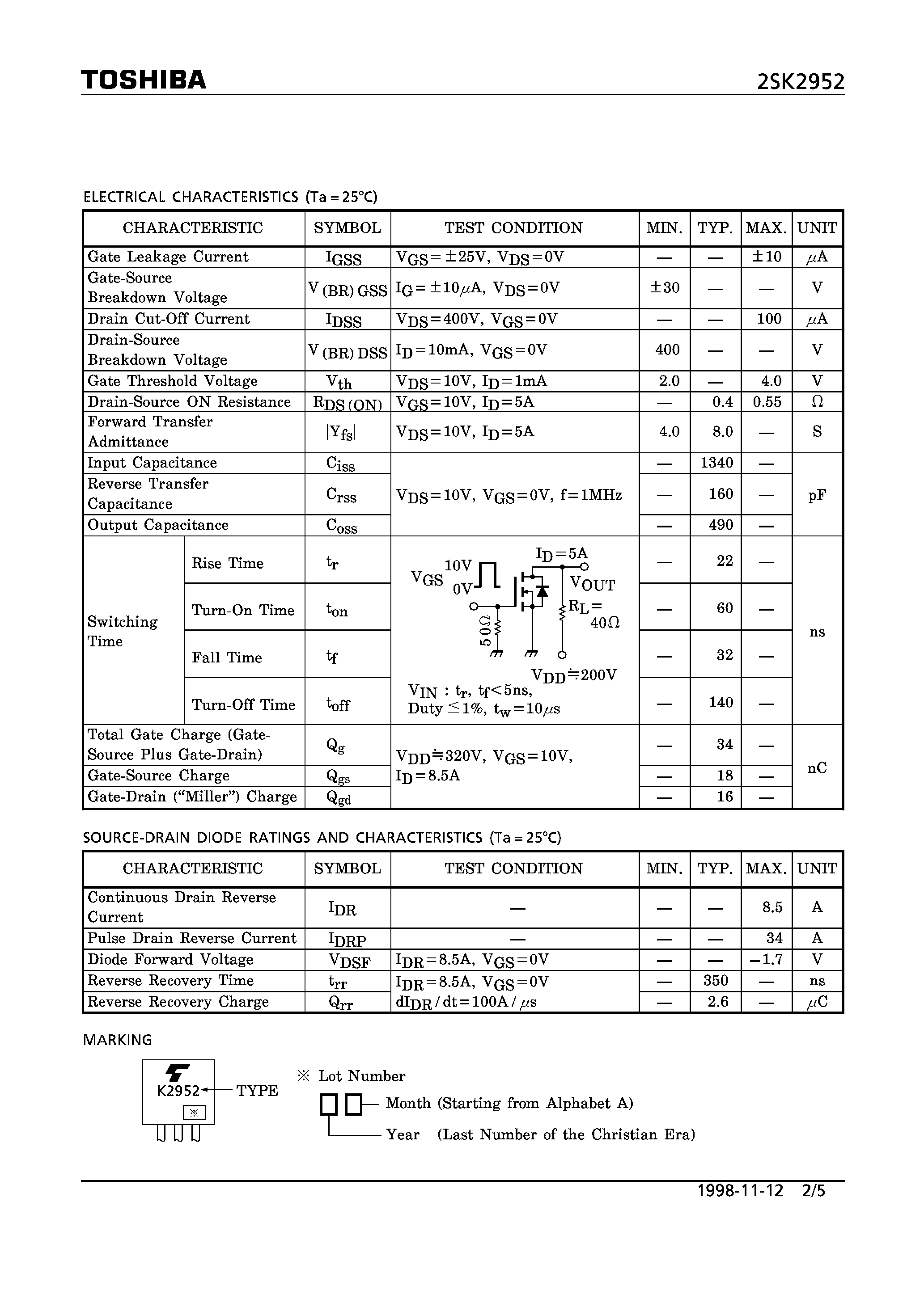 Datasheet 2SK2952 - N CHANNEL MOS TYPE (HIGH SPEED/ HIGH CURRENT SWITCHING/ CHOPPER REGULATOR APPLICATIONS) page 2