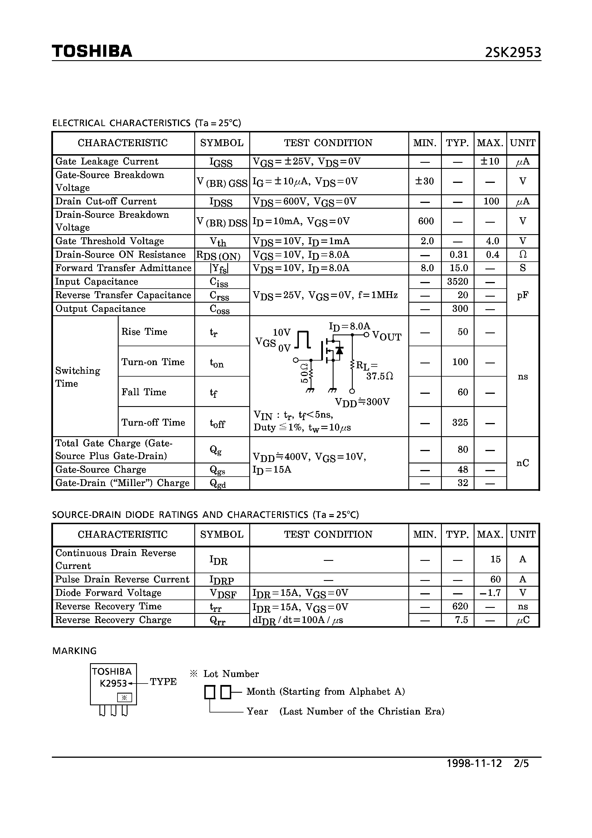 Datasheet 2SK2953 - N CHANNEL MOS TYPE (HIGH SPEED/ HIGH CURRENT SWITCHING/ CHOPPER REGULATOR/ DC-DC CONVERTERAND AND MOTOR DRIVE APPLICATIONS) page 2