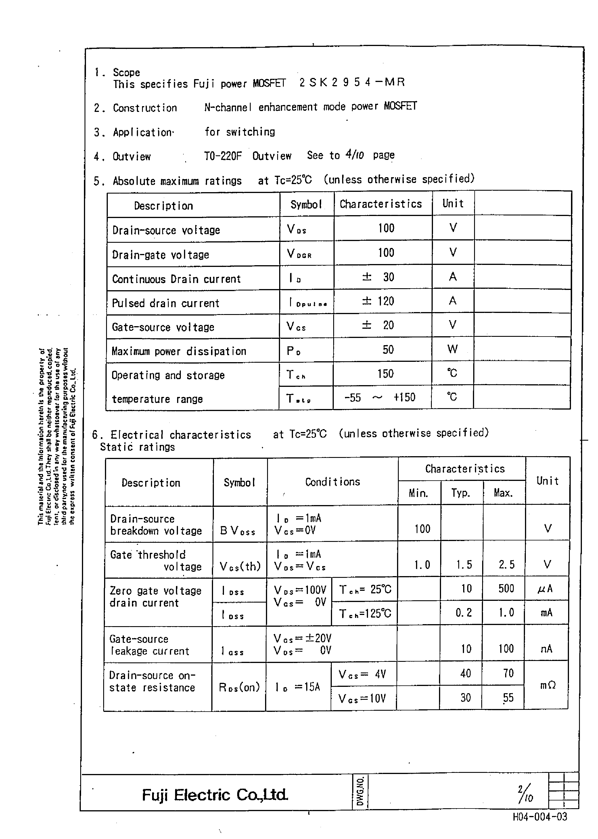 Datasheet 2SK2954-MR - Power MOSFET page 2