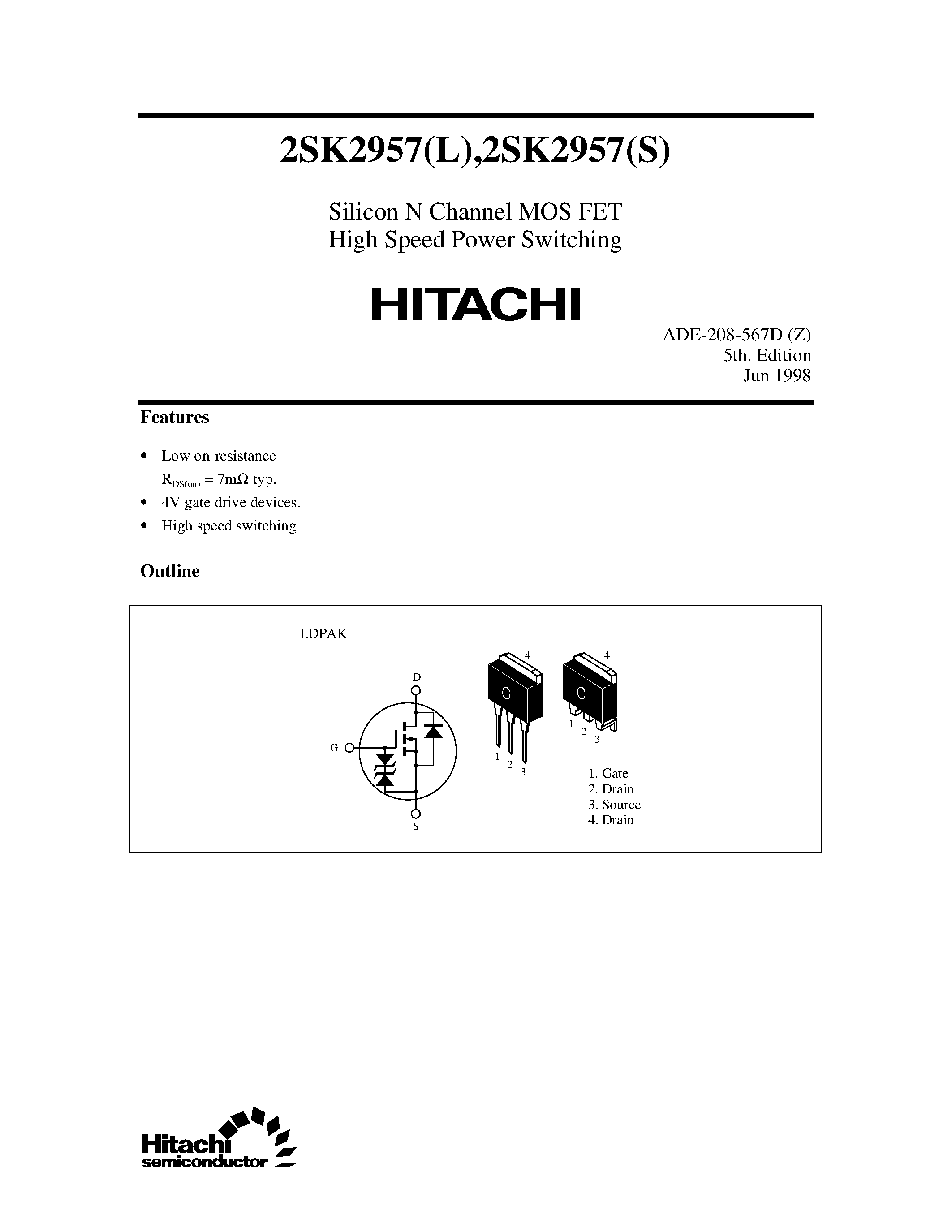 Datasheet 2SK2957S - Silicon N Channel MOS FET High Speed Power Switching page 1