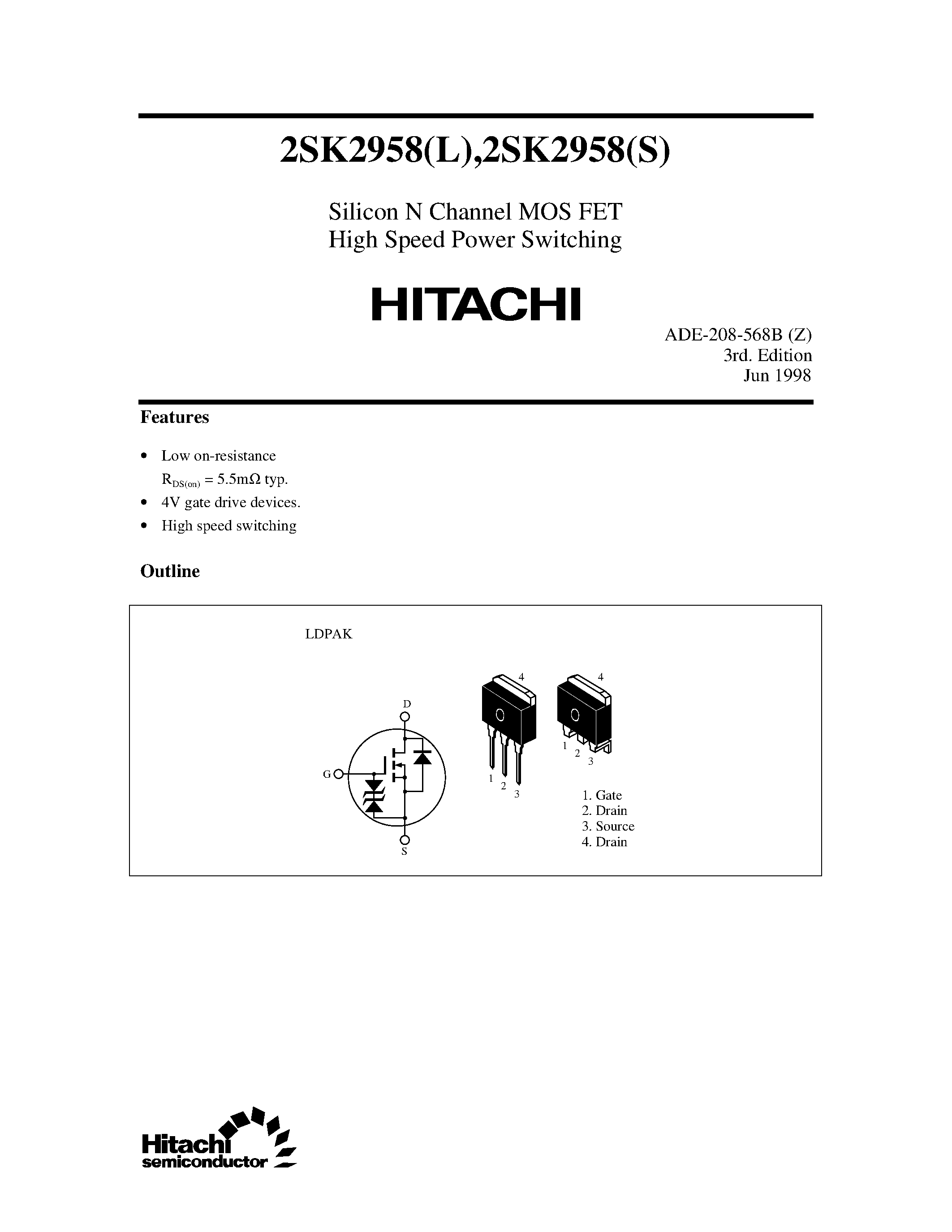 Datasheet 2SK2958 - Silicon N Channel MOS FET High Speed Power Switching page 1