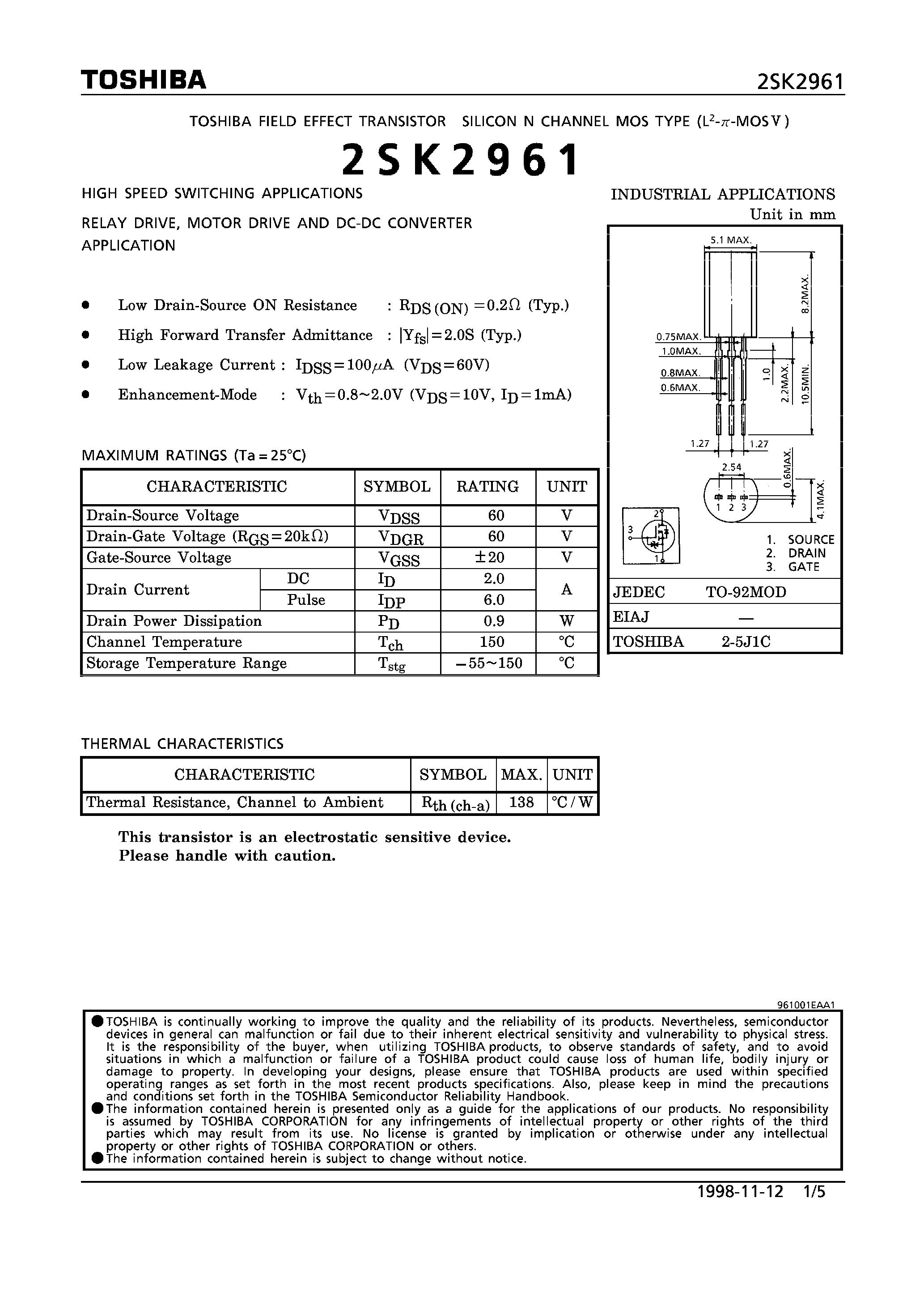 Datasheet 2SK2961 - N CHANNEL MOS TYPE (HIGH SPEED SWITCHING/ RELAY DRIVE MOTOR DRIVE AND DC-DC CONVERTER APPLICATIONS) page 1