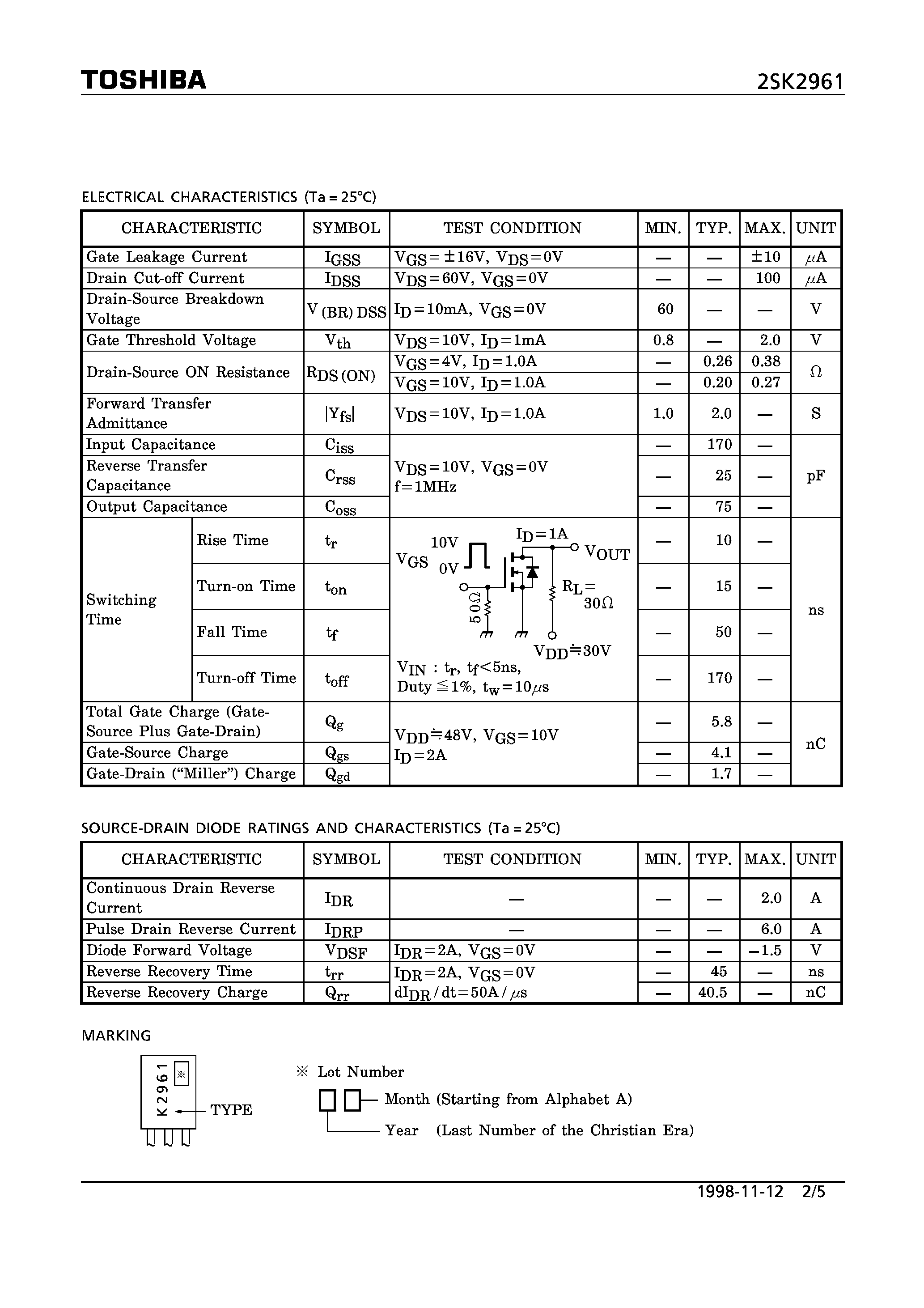 Datasheet 2SK2961 - N CHANNEL MOS TYPE (HIGH SPEED SWITCHING/ RELAY DRIVE MOTOR DRIVE AND DC-DC CONVERTER APPLICATIONS) page 2