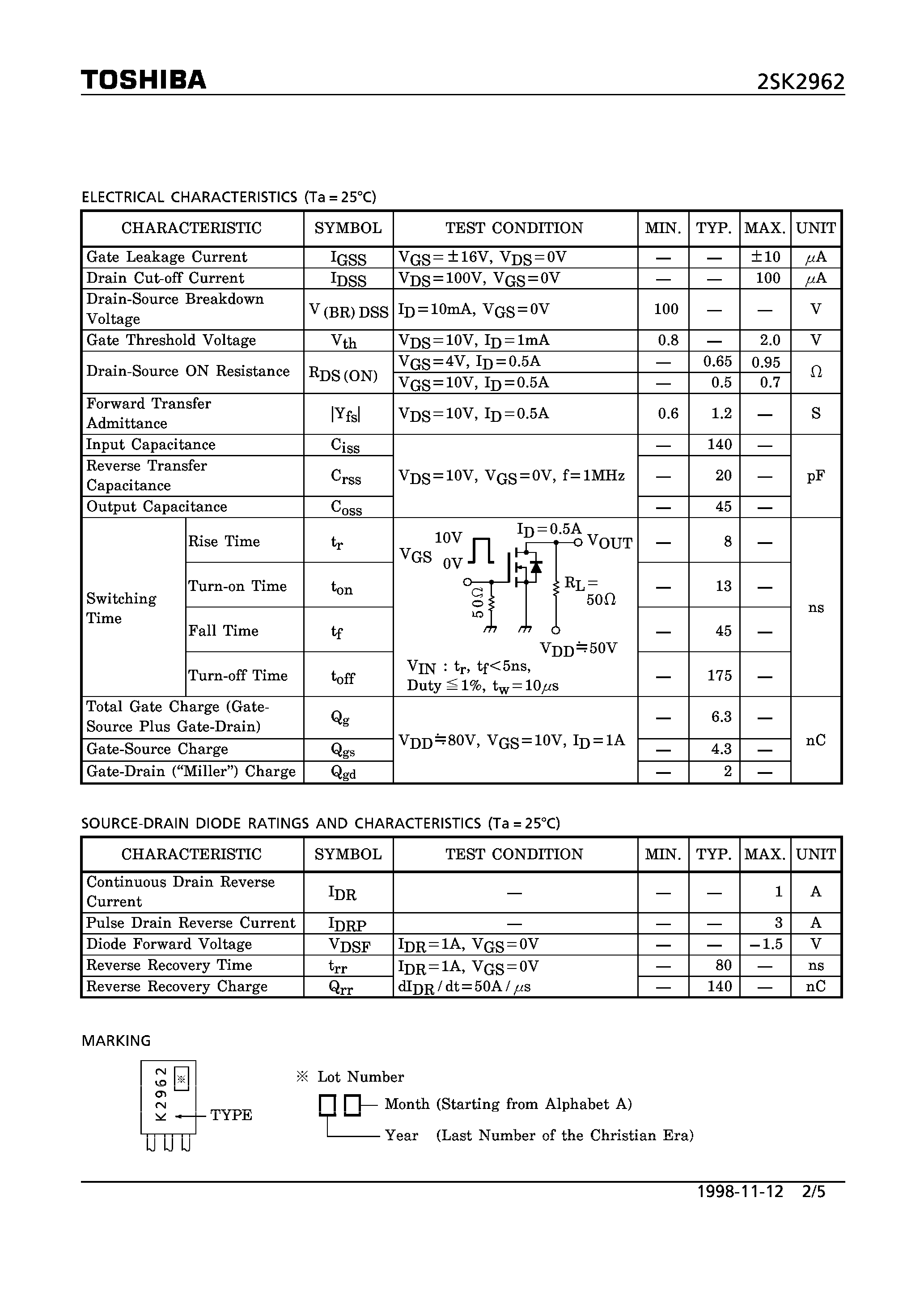 Datasheet 2SK2962 - N CHANNEL MOS TYPE (HIGH SPEED/ HIGH CURRENT SWITCHING/ CHOPPER REGULATOR/ DC-DC CONVERTERAND AND MOTOR DRIVE APPLICATIONS) page 2