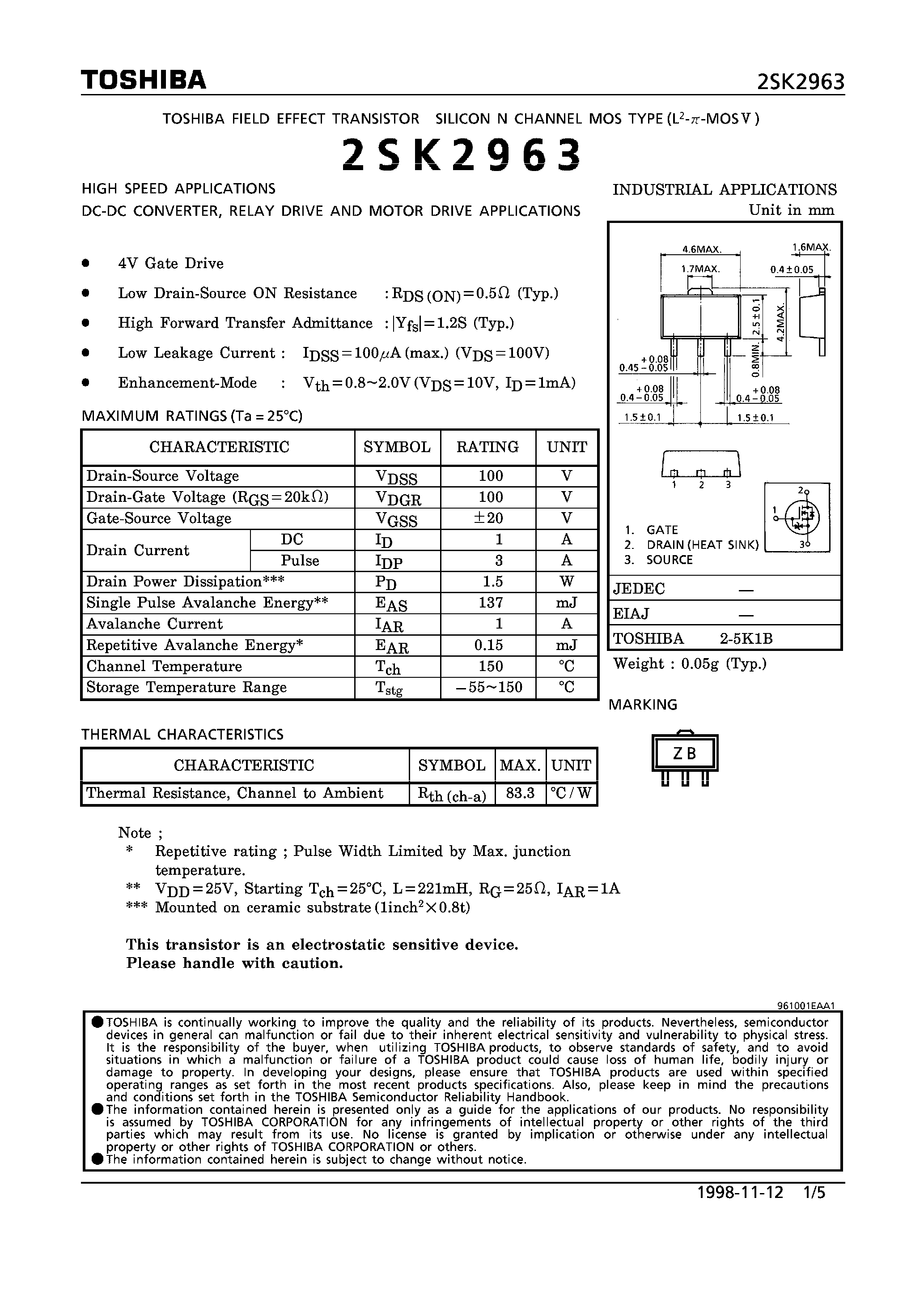 Datasheet 2SK2963 - N CHANNEL MOS TYPE (HIGH SPEED/ DC-DC CONVERTER/ RELAY DRIVE AND MOTOR DRIVE APPLICATIONS) page 1