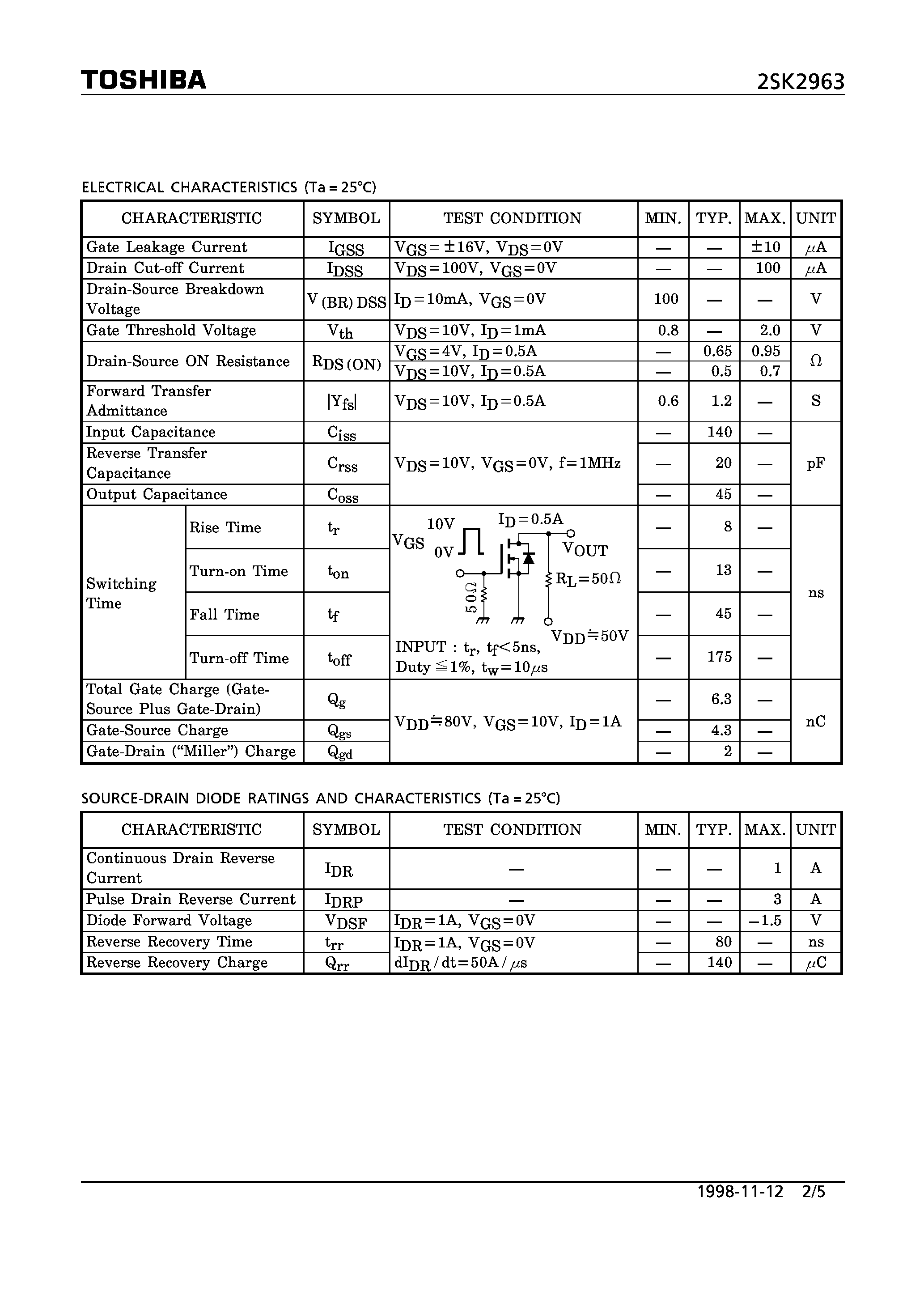 Datasheet 2SK2963 - N CHANNEL MOS TYPE (HIGH SPEED/ DC-DC CONVERTER/ RELAY DRIVE AND MOTOR DRIVE APPLICATIONS) page 2