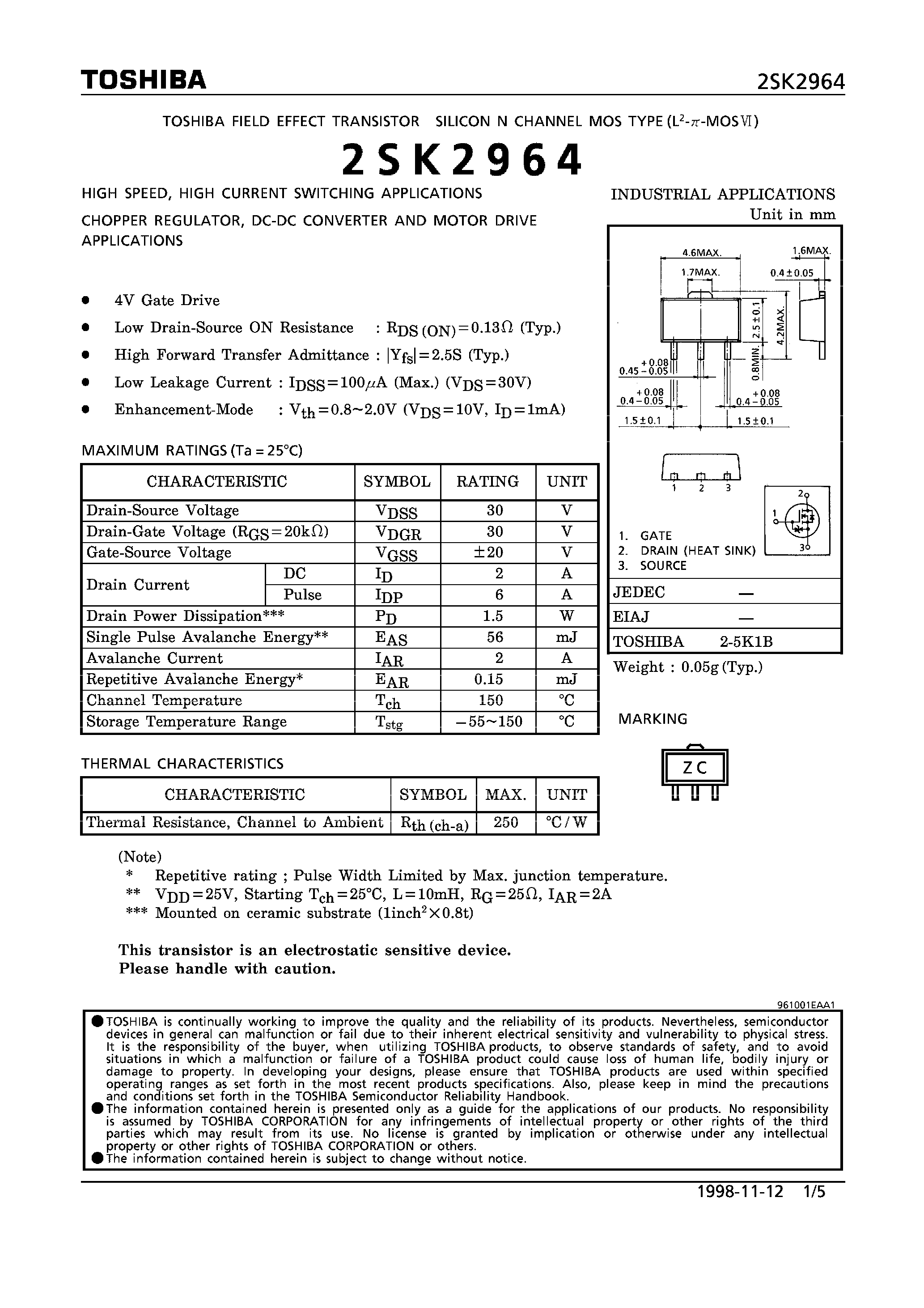 Datasheet 2SK2964 - N CHANNEL MOS TYPE (HIGH SPEED/ HIGH CURRENT SWITCHING/ CHOPPER REGULATOR/ DC-DC CONVERTERAND AND MOTOR DRIVE APPLICATIONS) page 1