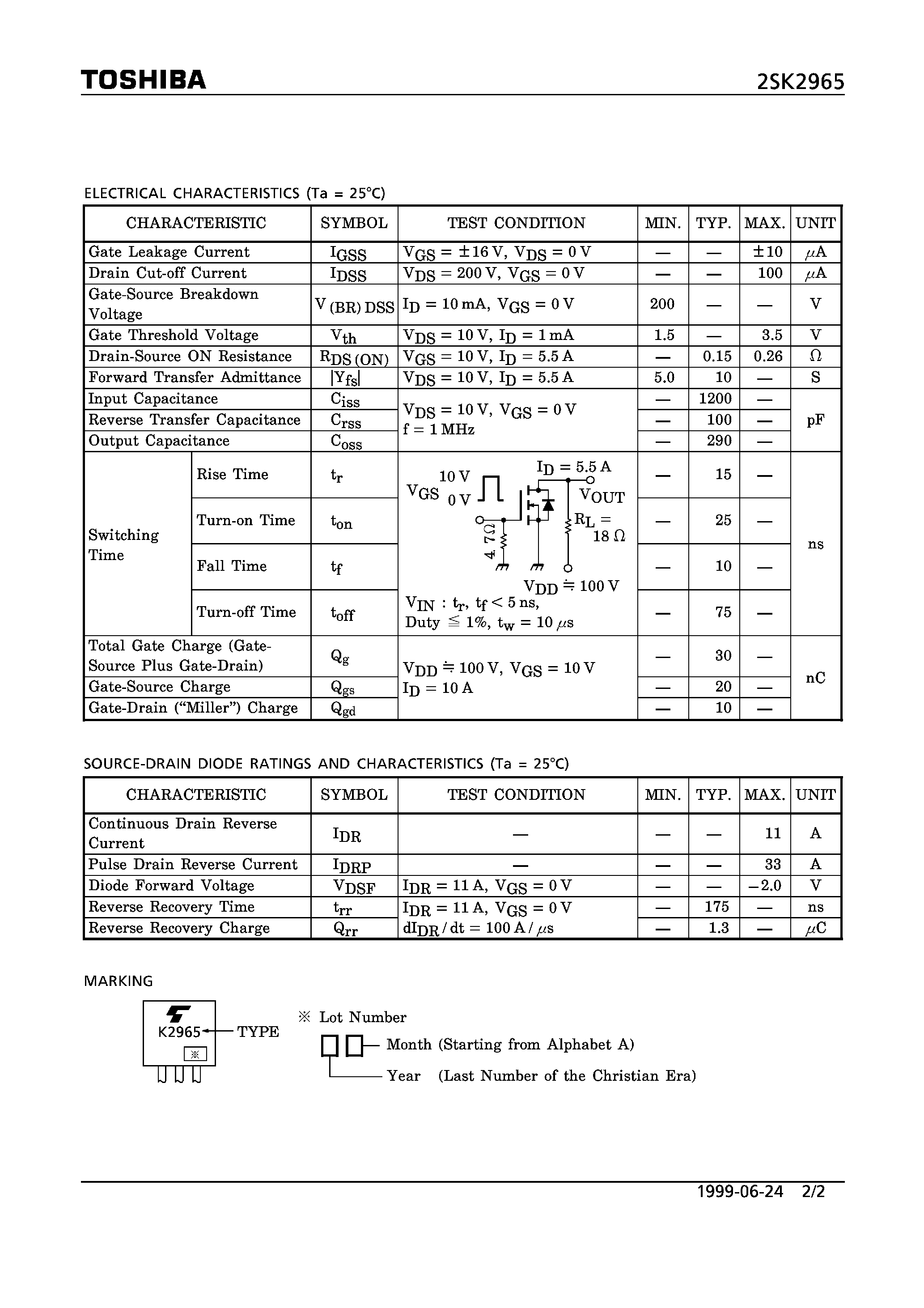 Datasheet 2SK2965 - N CHANNEL MOS TYPE (HIGH SPEED/ HIGH CURRENT SWITCHING/ CHOPPER REGULATOR/ DC-DC CONVERTERAND AND MOTOR DRIVE APPLICATIONS) page 2