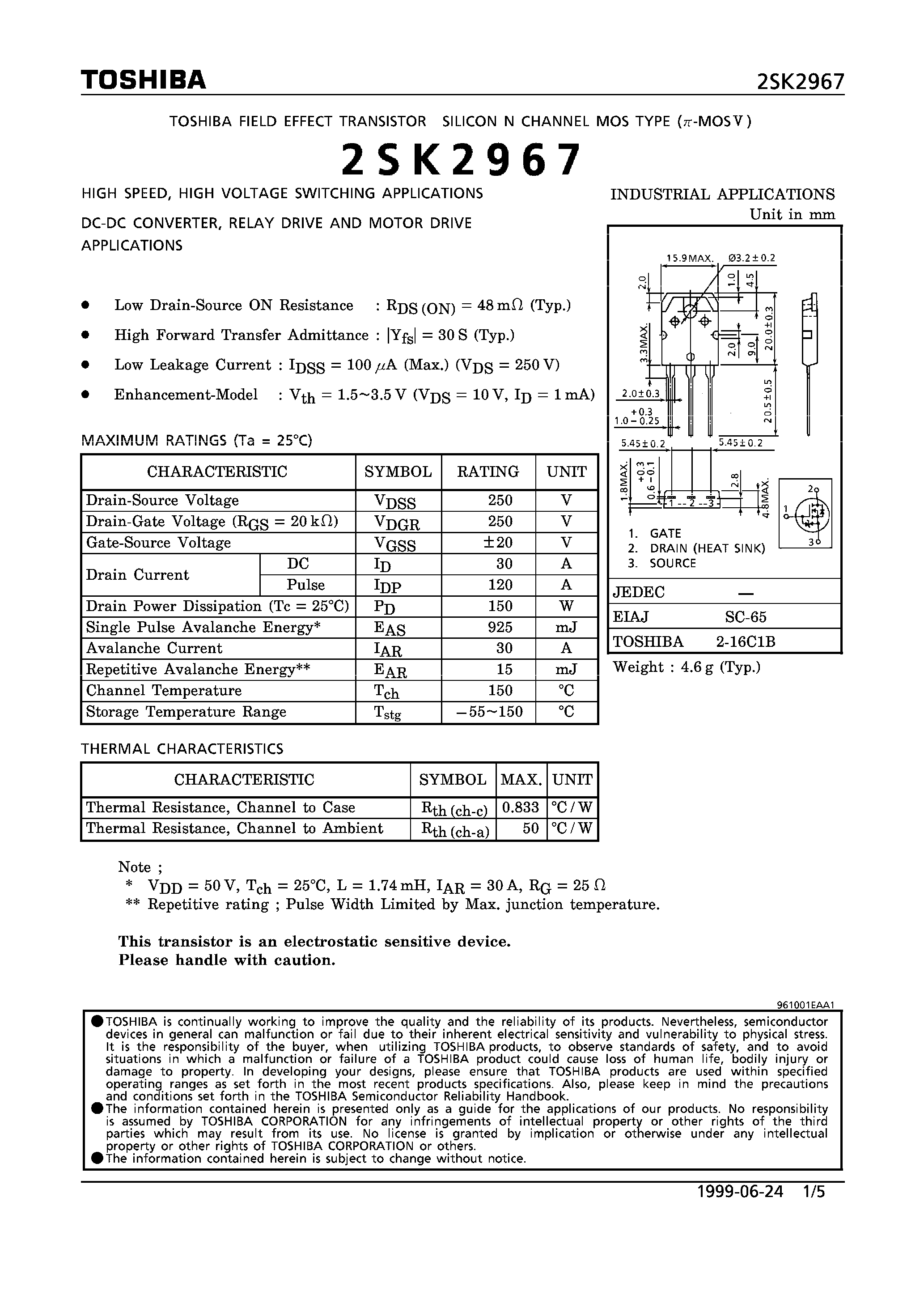 Datasheet 2SK2967 - N CHANNEL MOS TYPE (HIGH SPEED/ HIGH VOLTAGE SWITCHING/ CHOPPER REGULATOR/ DC-DC CONVERTER/ RELAY DRIVE AND MOTOR DRIVE APPLICATIONS) page 1