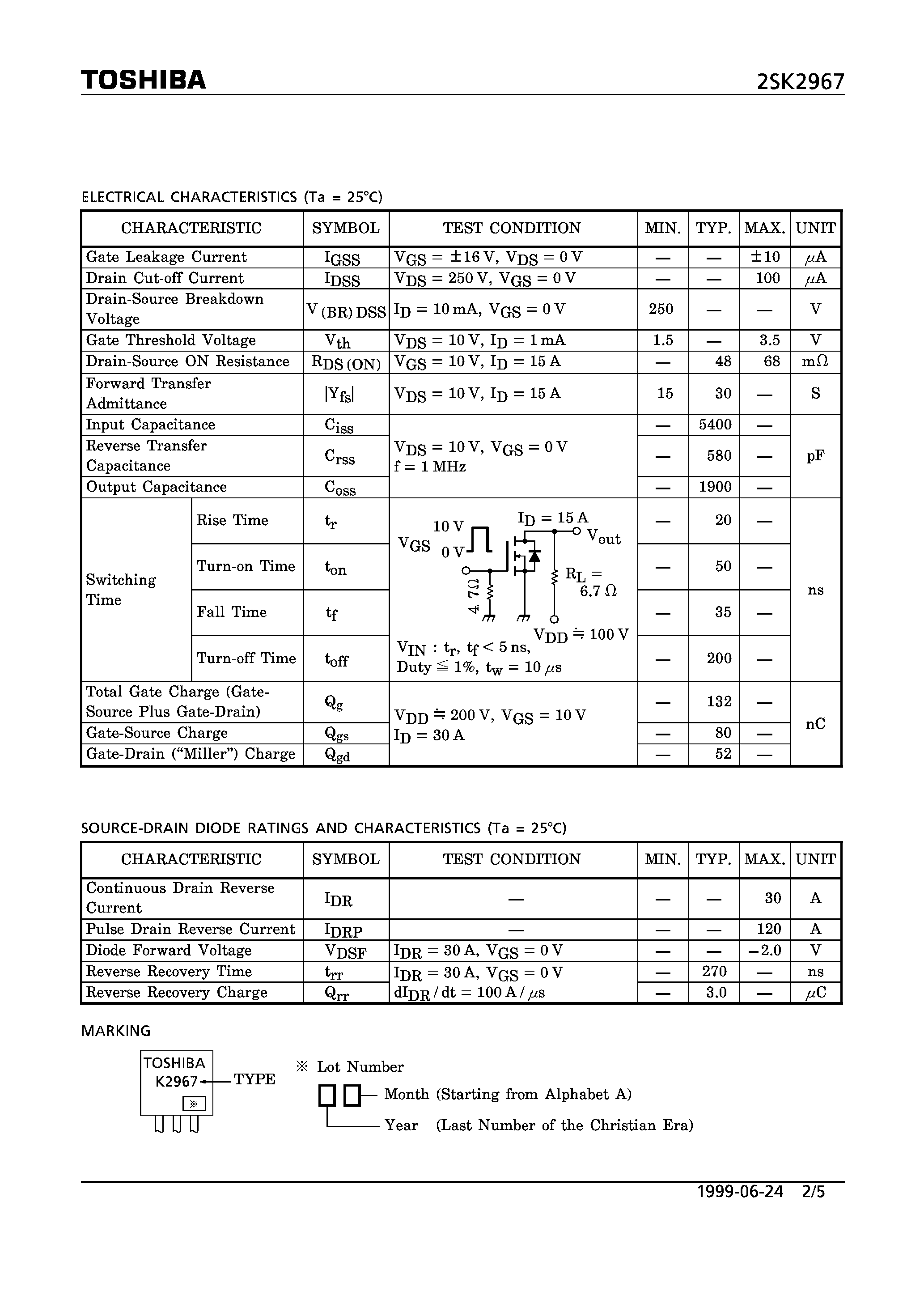 Datasheet 2SK2967 - N CHANNEL MOS TYPE (HIGH SPEED/ HIGH VOLTAGE SWITCHING/ CHOPPER REGULATOR/ DC-DC CONVERTER/ RELAY DRIVE AND MOTOR DRIVE APPLICATIONS) page 2