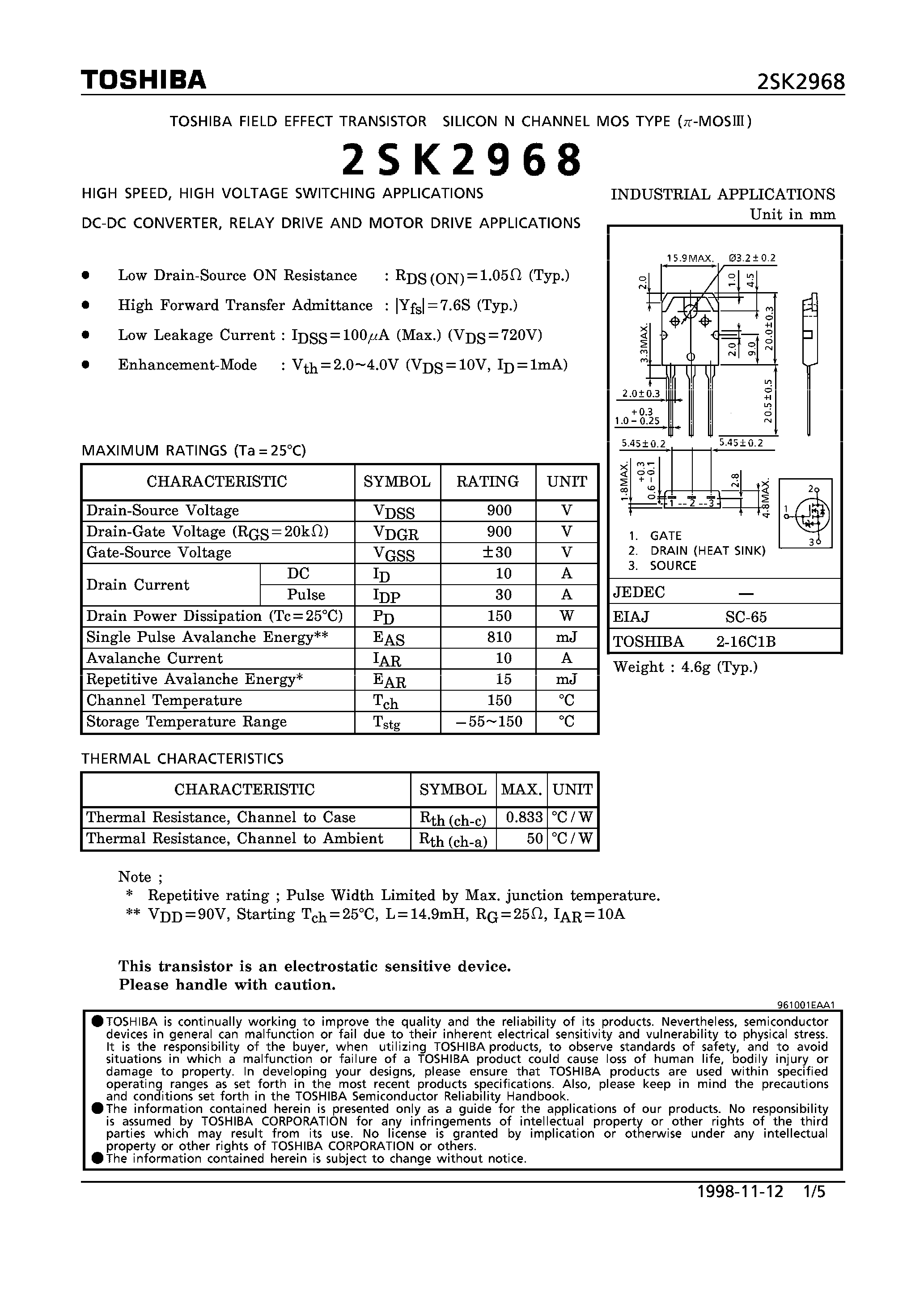 Datasheet 2SK2968 - N CHANNEL MOS TYPE (HIGH SPEED/ HIGH VOLTAGE SWITCHING/ DC-DC CONVERTER/ RELAY DRIVE AND MOTOR DRIVE APPLICATIONS) page 1