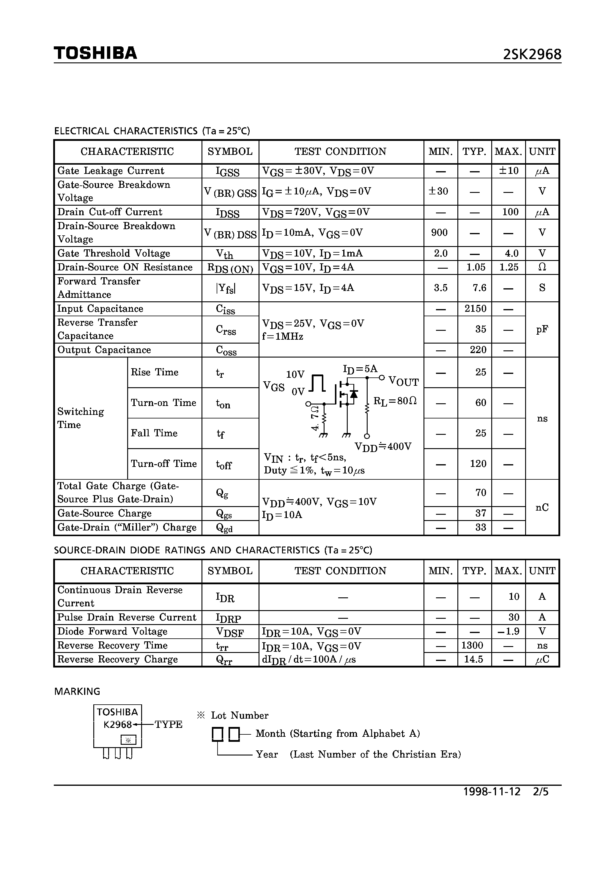 Datasheet 2SK2968 - N CHANNEL MOS TYPE (HIGH SPEED/ HIGH VOLTAGE SWITCHING/ DC-DC CONVERTER/ RELAY DRIVE AND MOTOR DRIVE APPLICATIONS) page 2