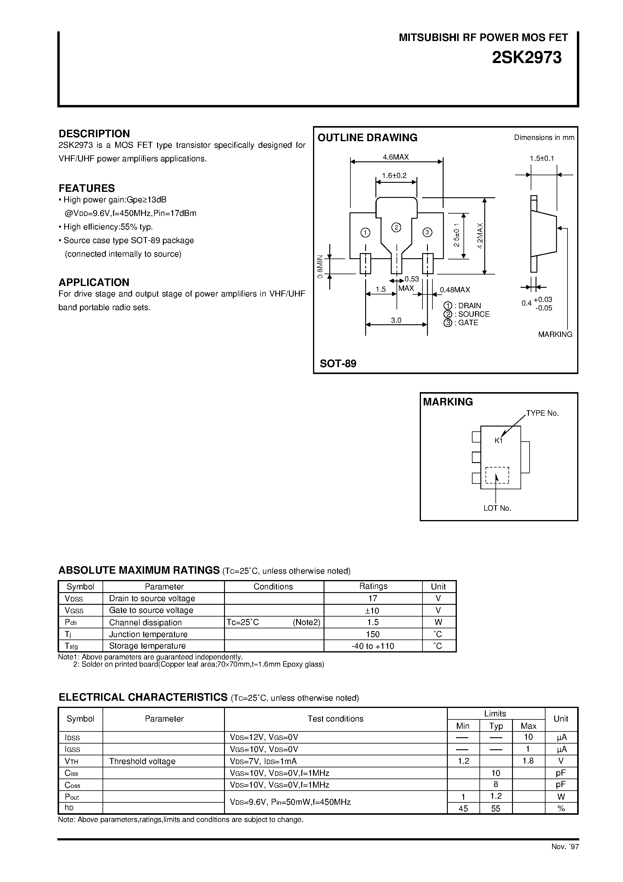 Datasheet 2SK2973 - RF POWER MOS FET(VHF/UHF power amplifiers) page 1