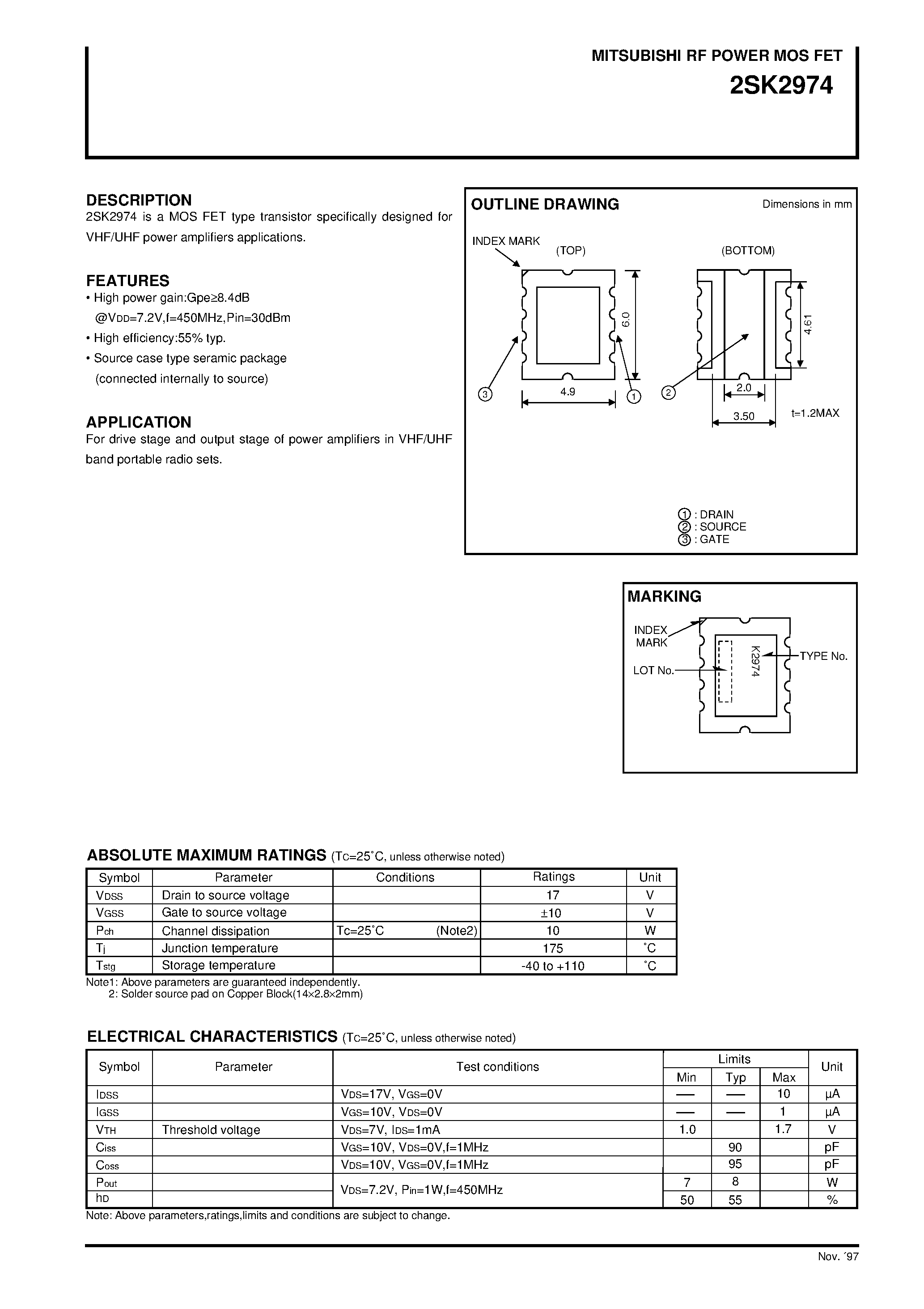 Datasheet 2SK2974 - RF POWER MOS FET(VHF/UHF power amplifiers) page 1