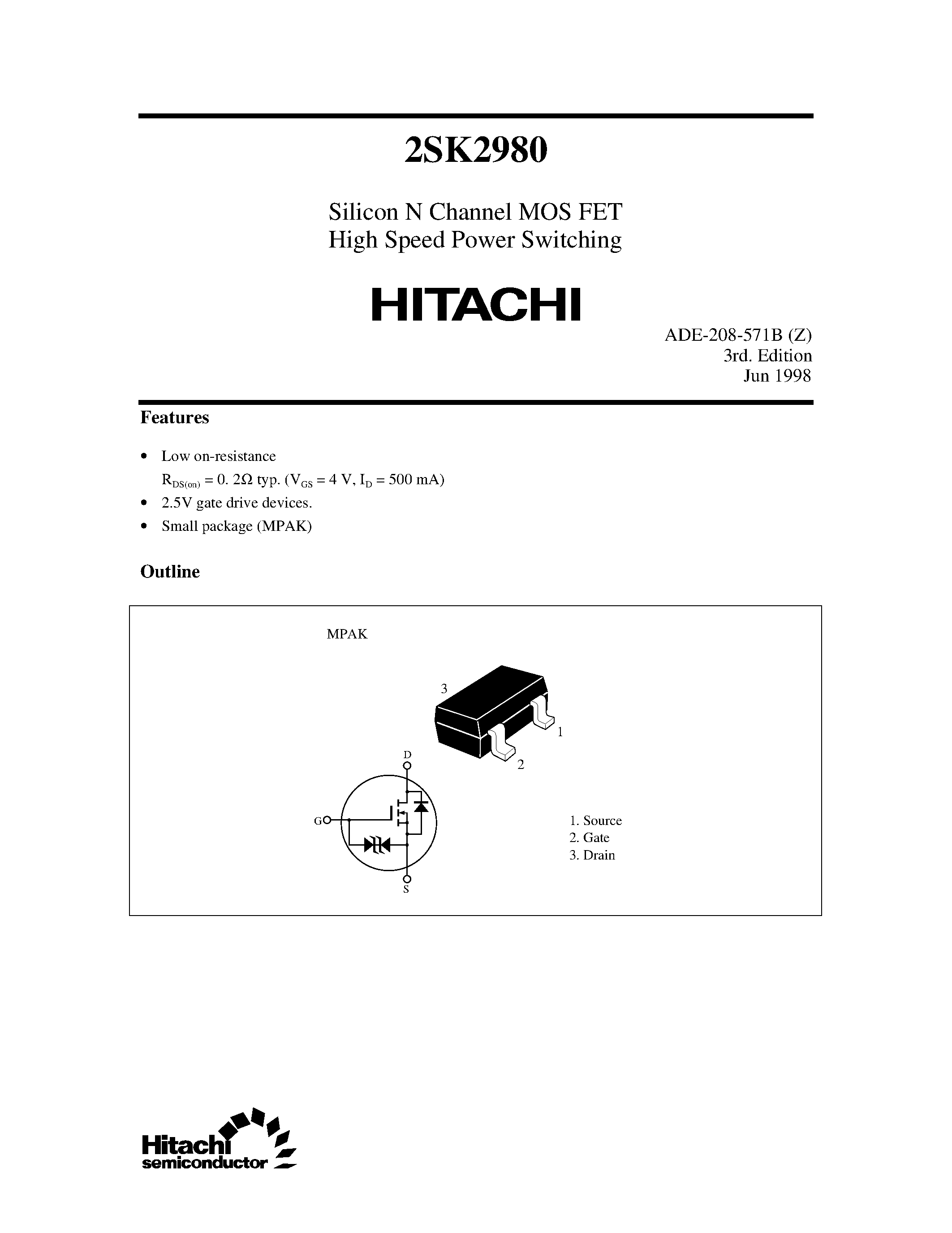 Datasheet 2SK2980 - Silicon N Channel MOS FET High Speed Power Switching page 1