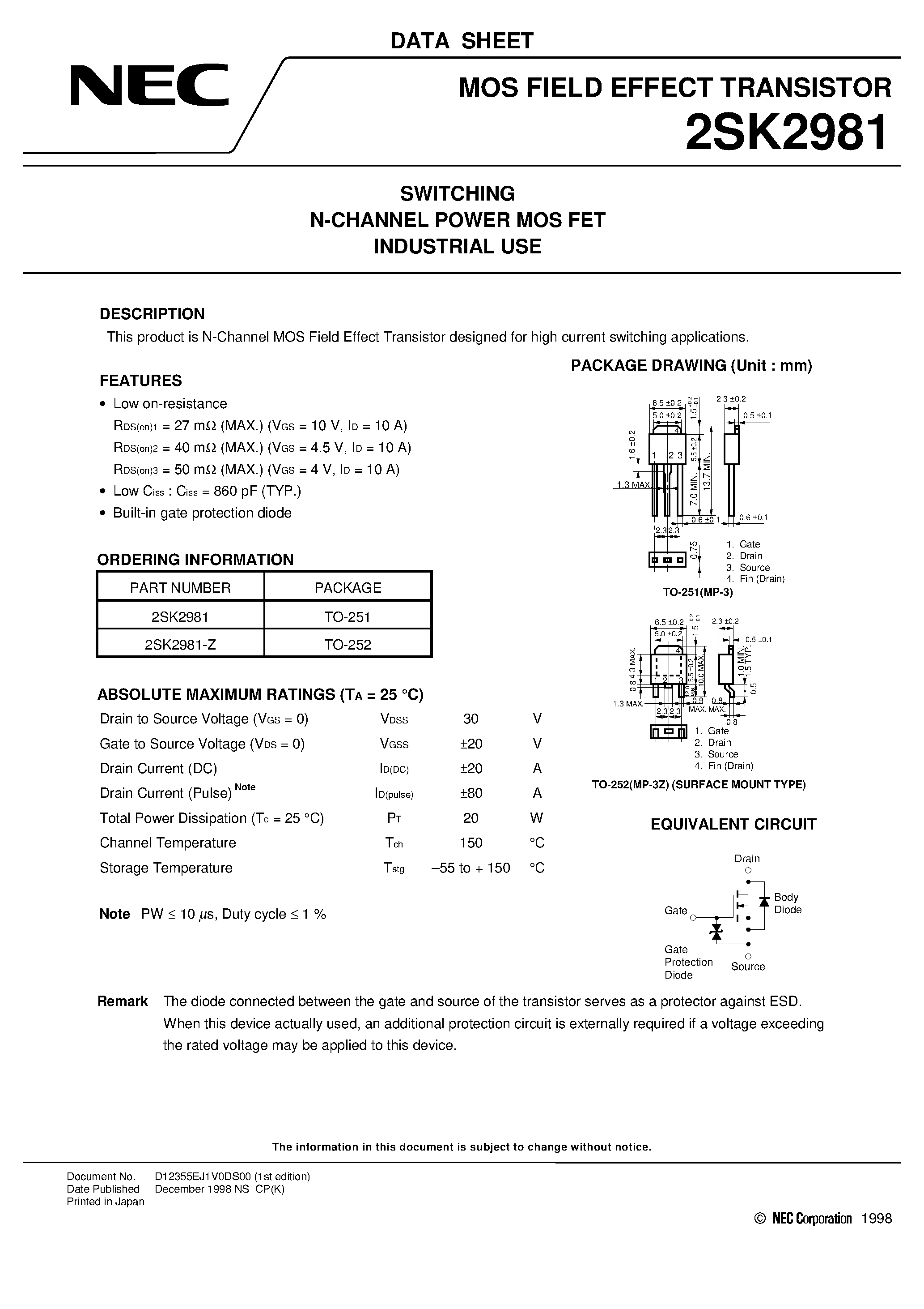 Datasheet 2SK2981 - SWITCHING N-CHANNEL POWER MOS FET INDUSTRIAL USE page 1