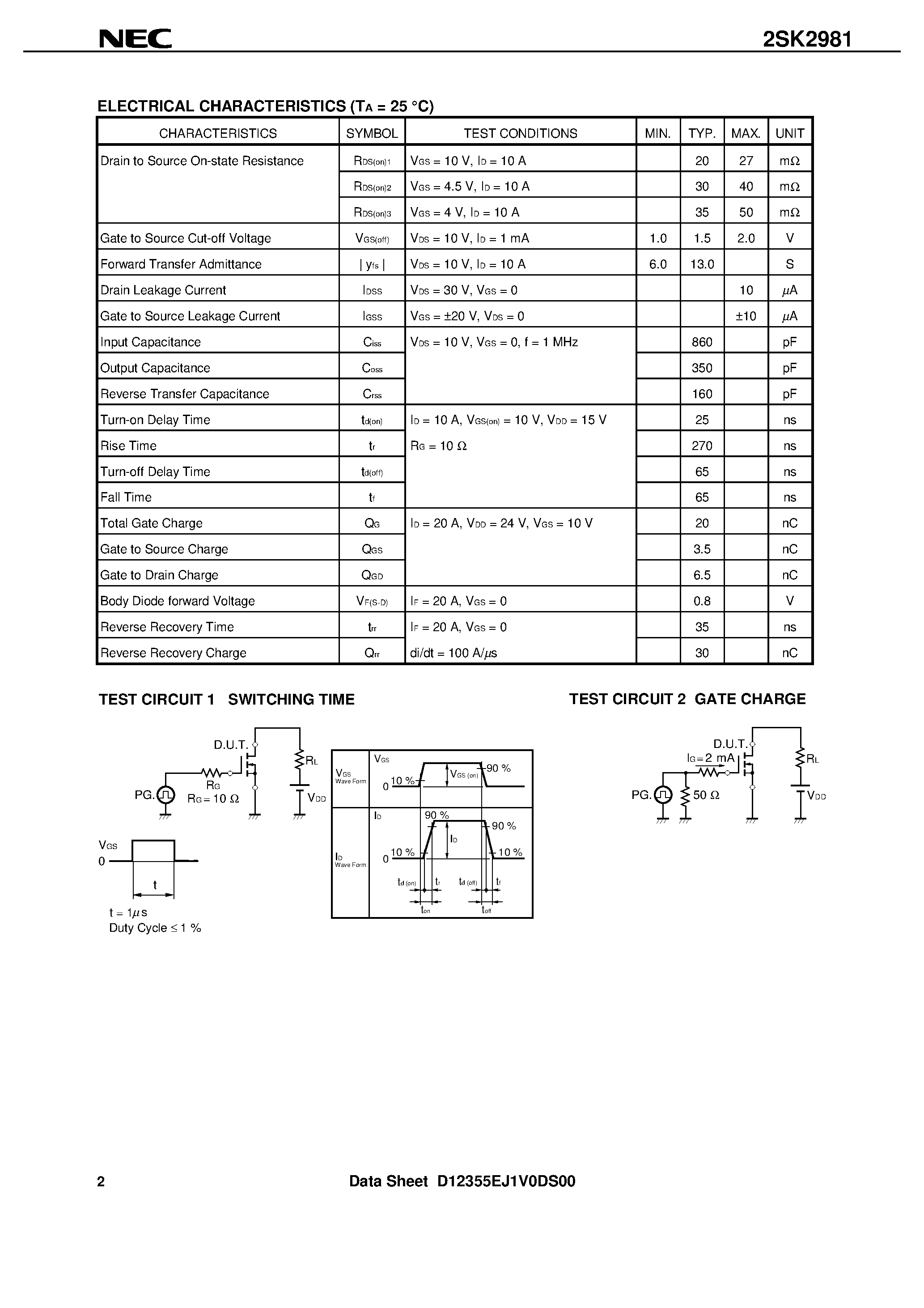 Datasheet 2SK2981 - SWITCHING N-CHANNEL POWER MOS FET INDUSTRIAL USE page 2