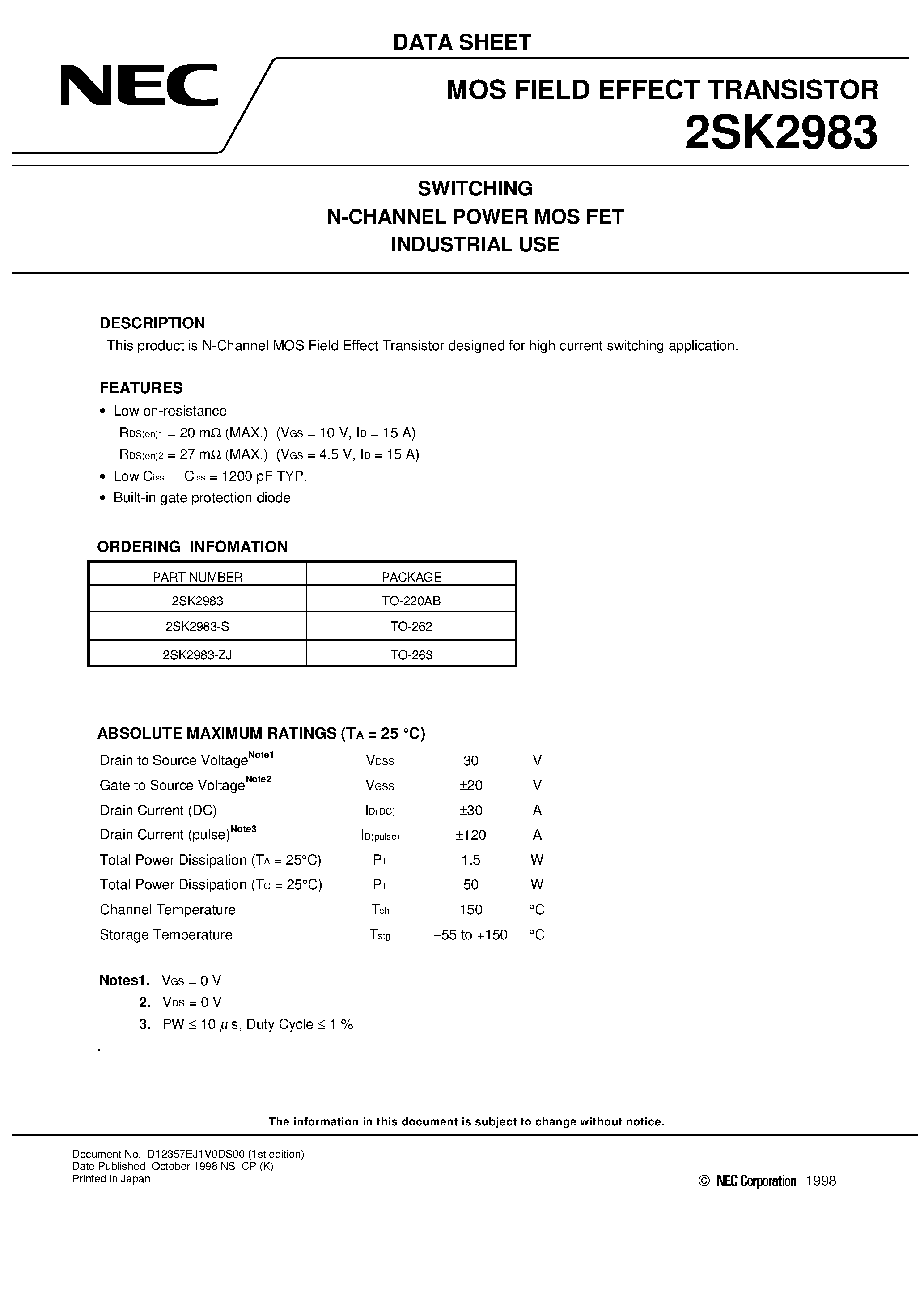 Datasheet 2SK2983 - SWITCHING N-CHANNEL POWER MOS FET INDUSTRIAL USE page 1