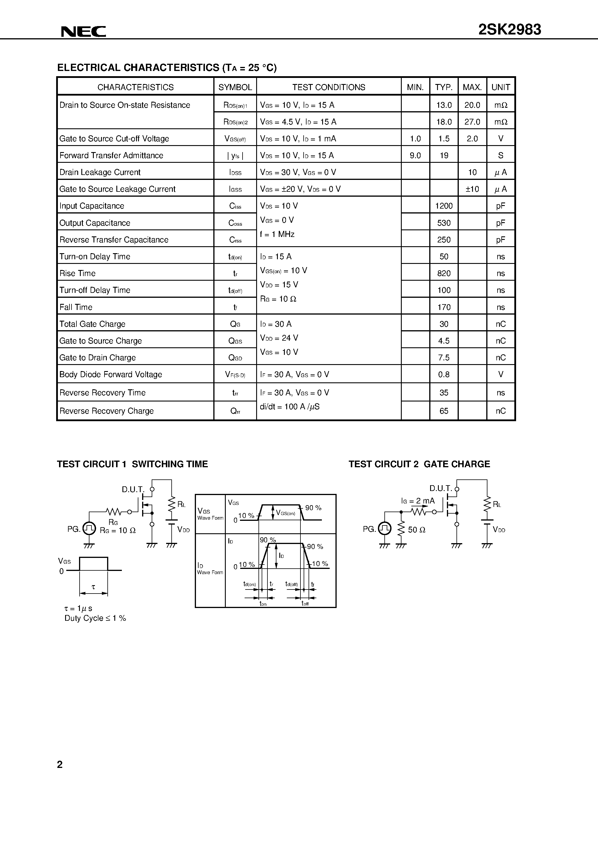 Datasheet 2SK2983 - SWITCHING N-CHANNEL POWER MOS FET INDUSTRIAL USE page 2