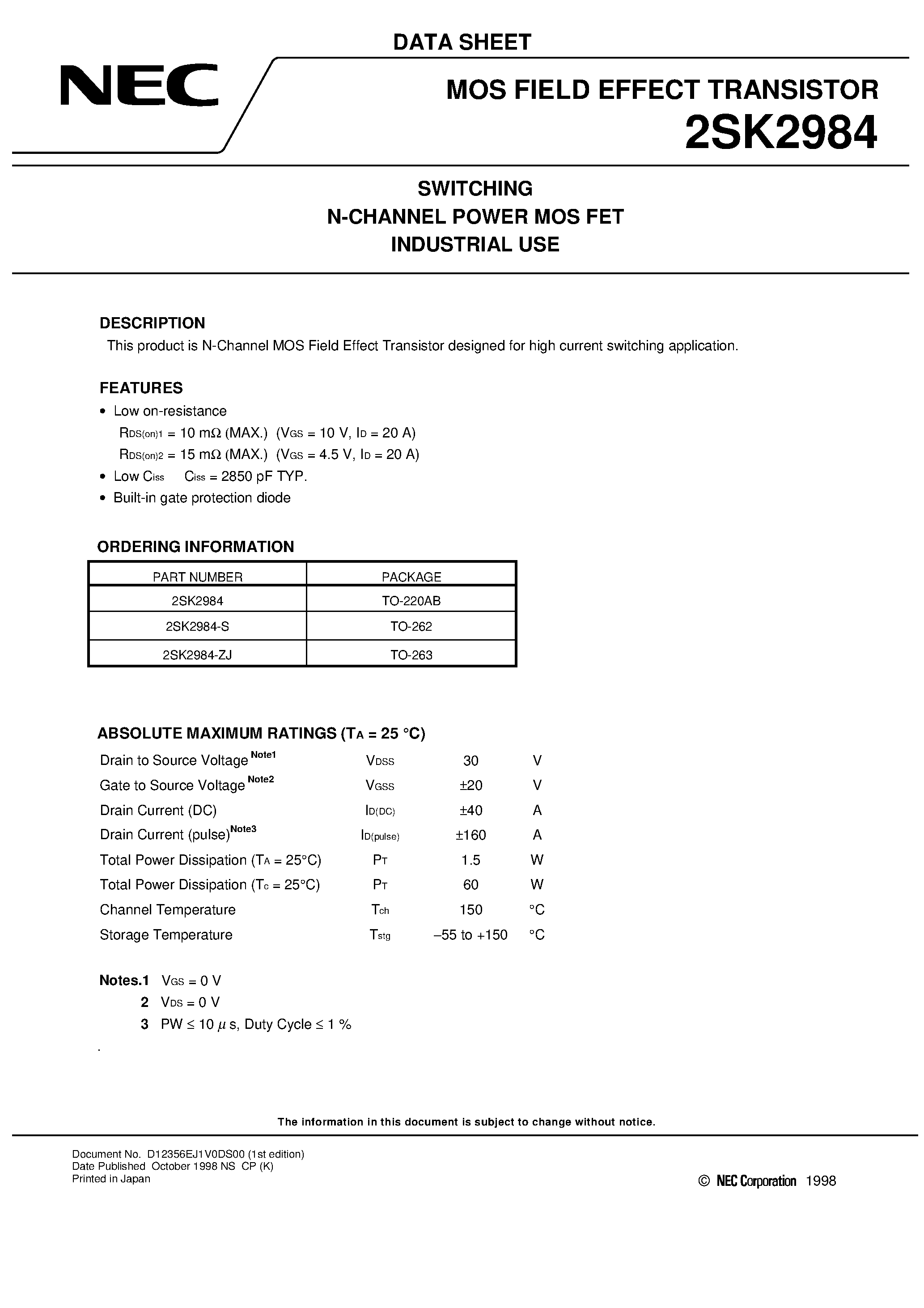 Datasheet 2SK2984-ZJ - SWITCHING N-CHANNEL POWER MOS FET INDUSTRIAL USE page 1