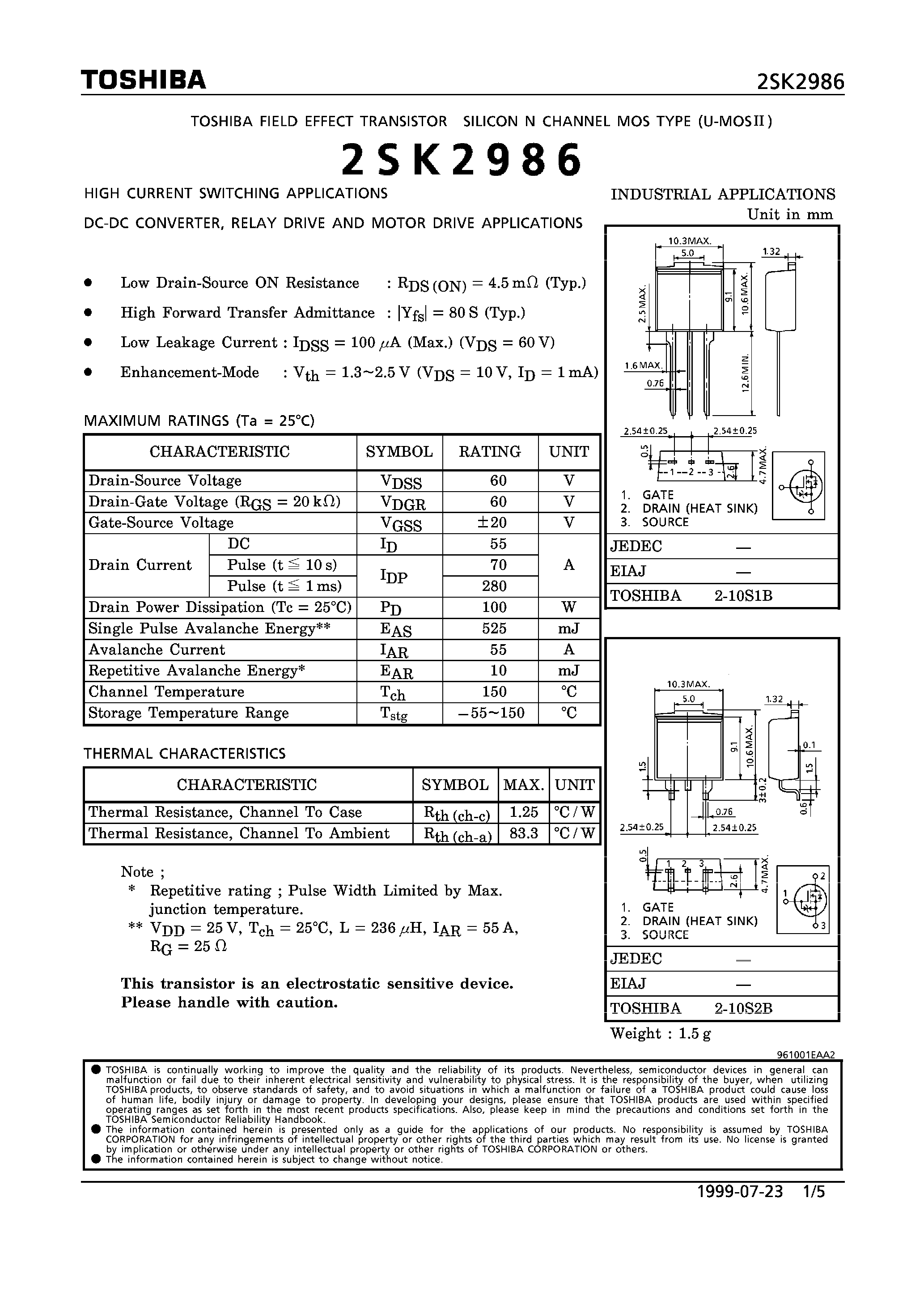 Datasheet 2SK2986 - N CHANNEL MOS TYPE (HIGH SPEED/ HIGH VOLTAGE SWITCHING/ DC-DC CONVERTER/ RELAY DRIVE AND MOTOR DRIVE APPLICATIONS) page 1