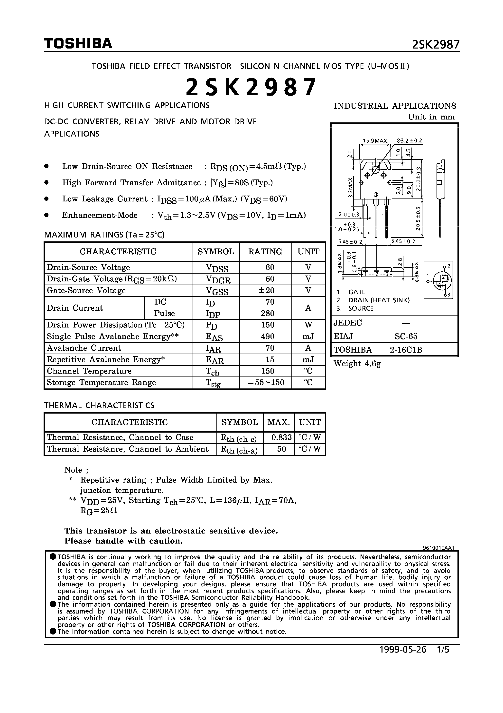 Datasheet 2SK2987 - N CHANNEL MOS TYPE (HIGH CURRENT SWITCHING/ DC-DC CONVERTER/ RELAY DRIVE AND MOTOR DRIVE APPLICATIONS) page 1