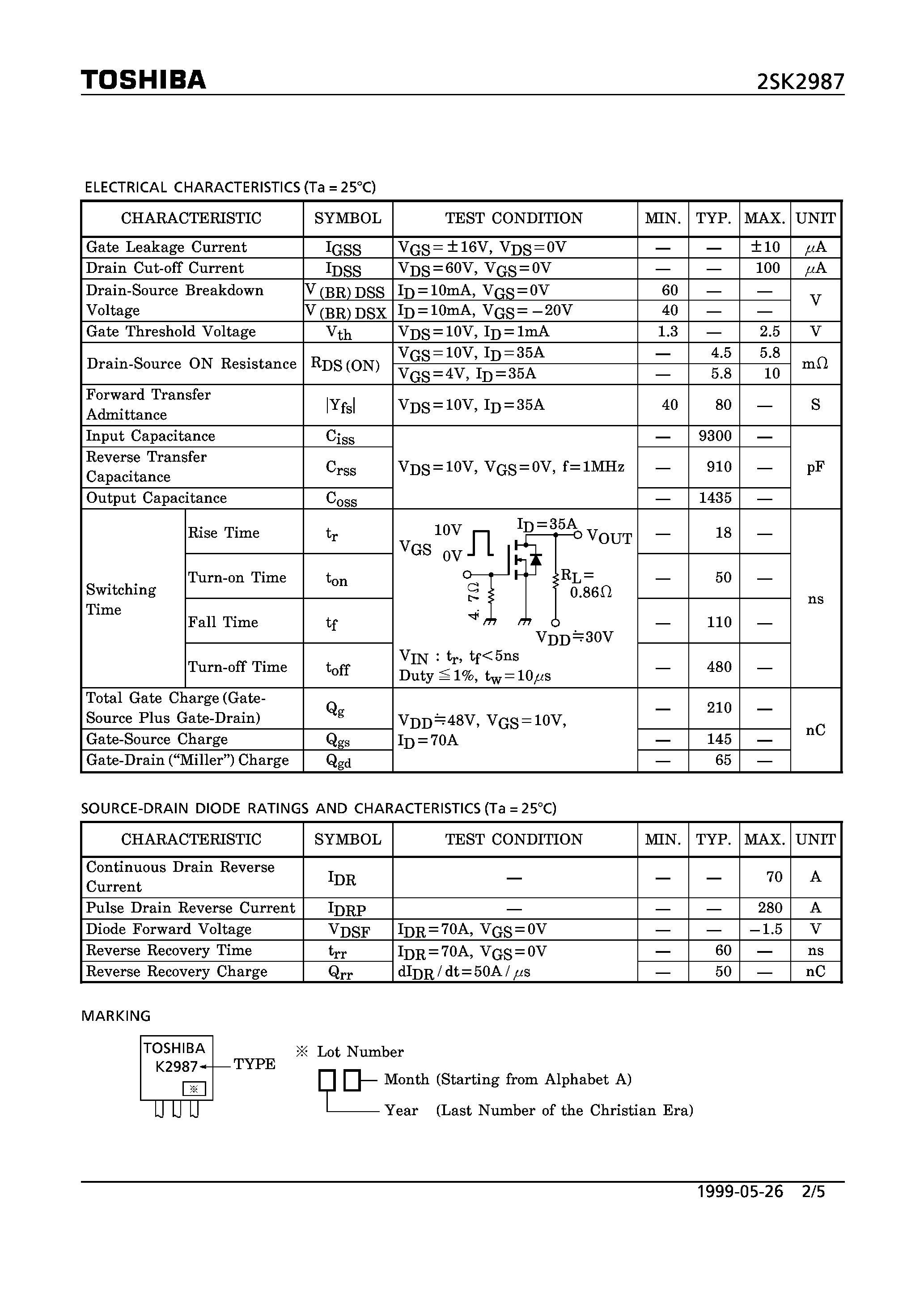 Datasheet 2SK2987 - N CHANNEL MOS TYPE (HIGH CURRENT SWITCHING/ DC-DC CONVERTER/ RELAY DRIVE AND MOTOR DRIVE APPLICATIONS) page 2