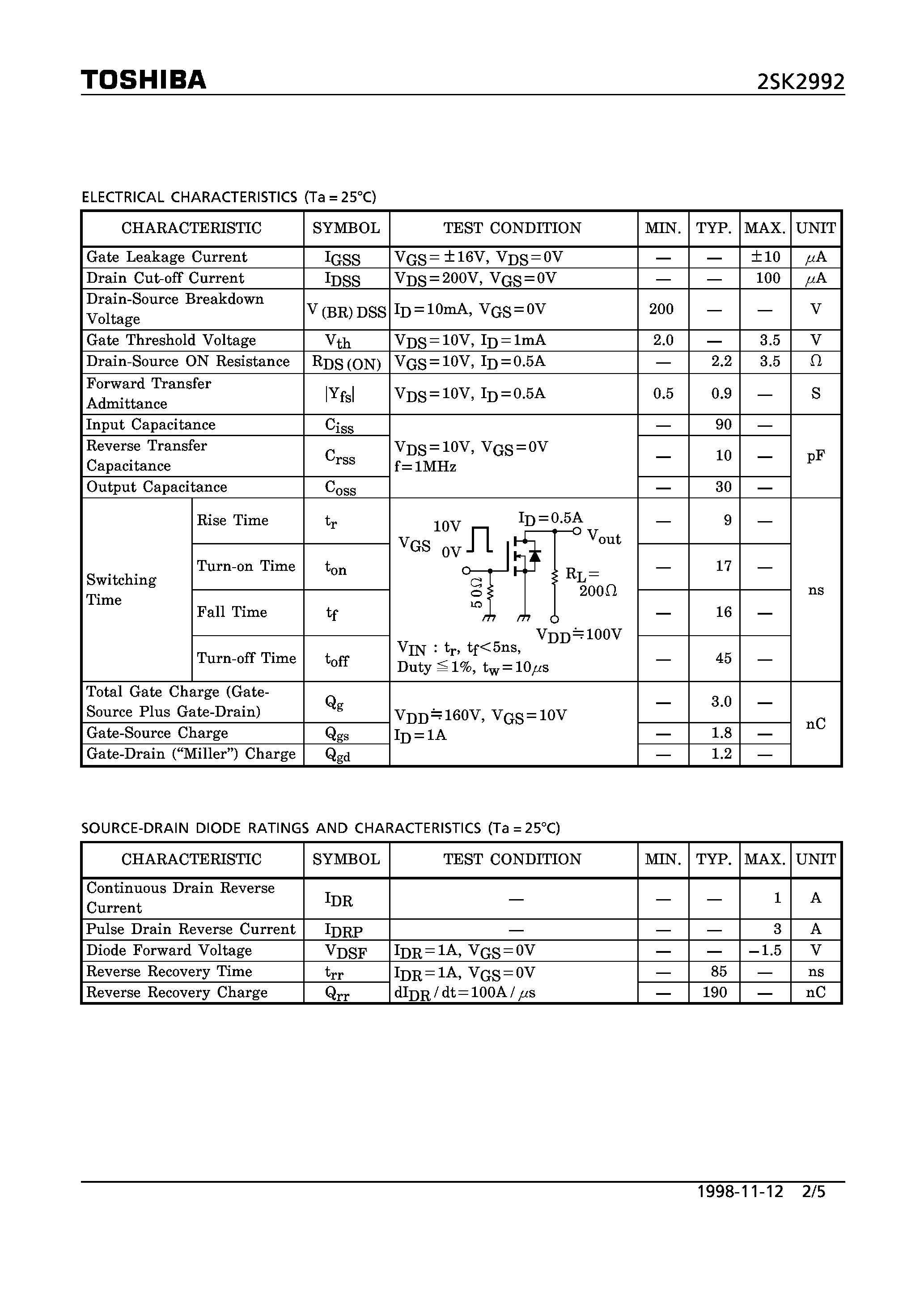 Datasheet 2SK2992 - N CHANNEL MOS TYPE(HIGH SPEED/ HIGH CURRENT SWITCHING/ CHOPPER REGULATOR/ DC-DC CONVERTER/AND MOTOR DRIVE APPLICATIONS) page 2