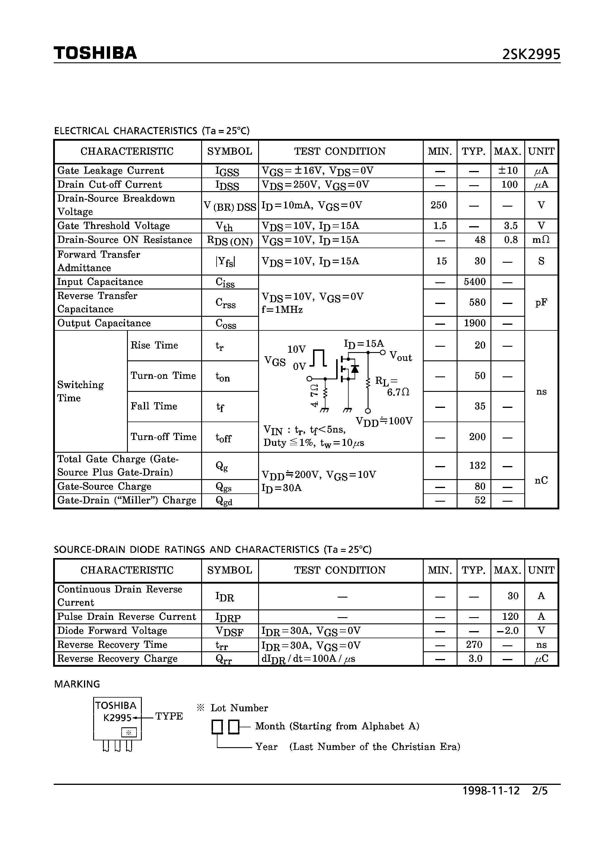 Datasheet 2SK2995 - N CHANNEL MOS TYPE (HIGH SPEED/ HIGH CURRENT SWITCHING/ CHOPPER REGULATOR/ DC-DC CONVERTER AND MOTOR DRIVE APPLICATIONS) page 2