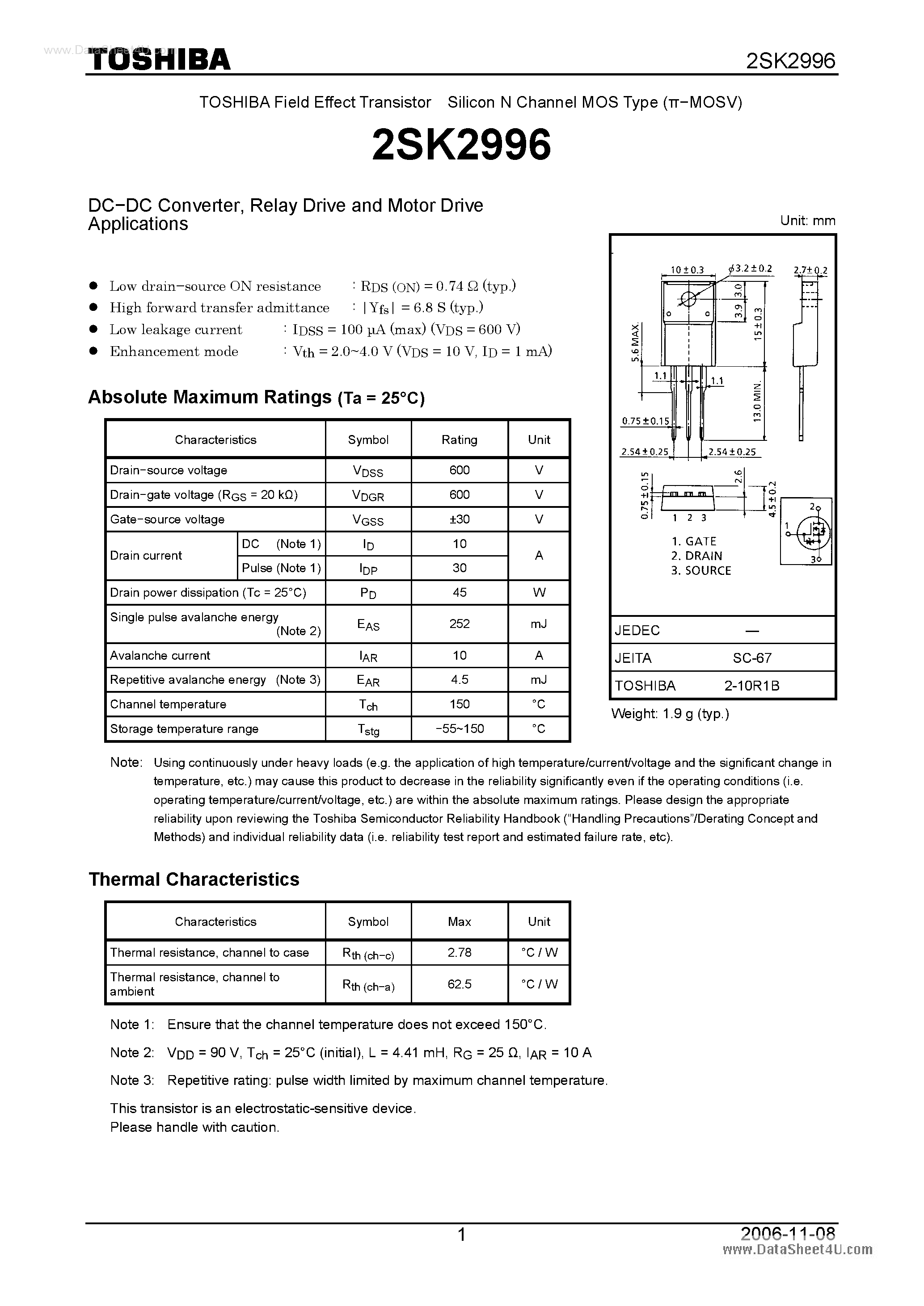 Datasheet 2SK2996 - SILICON N CHANNEL MOS TYPE(HIGH SPEED/ HIGH VOLTAGE SWITCHING APPLICATIONS CHOPPER REGULATOR) page 1