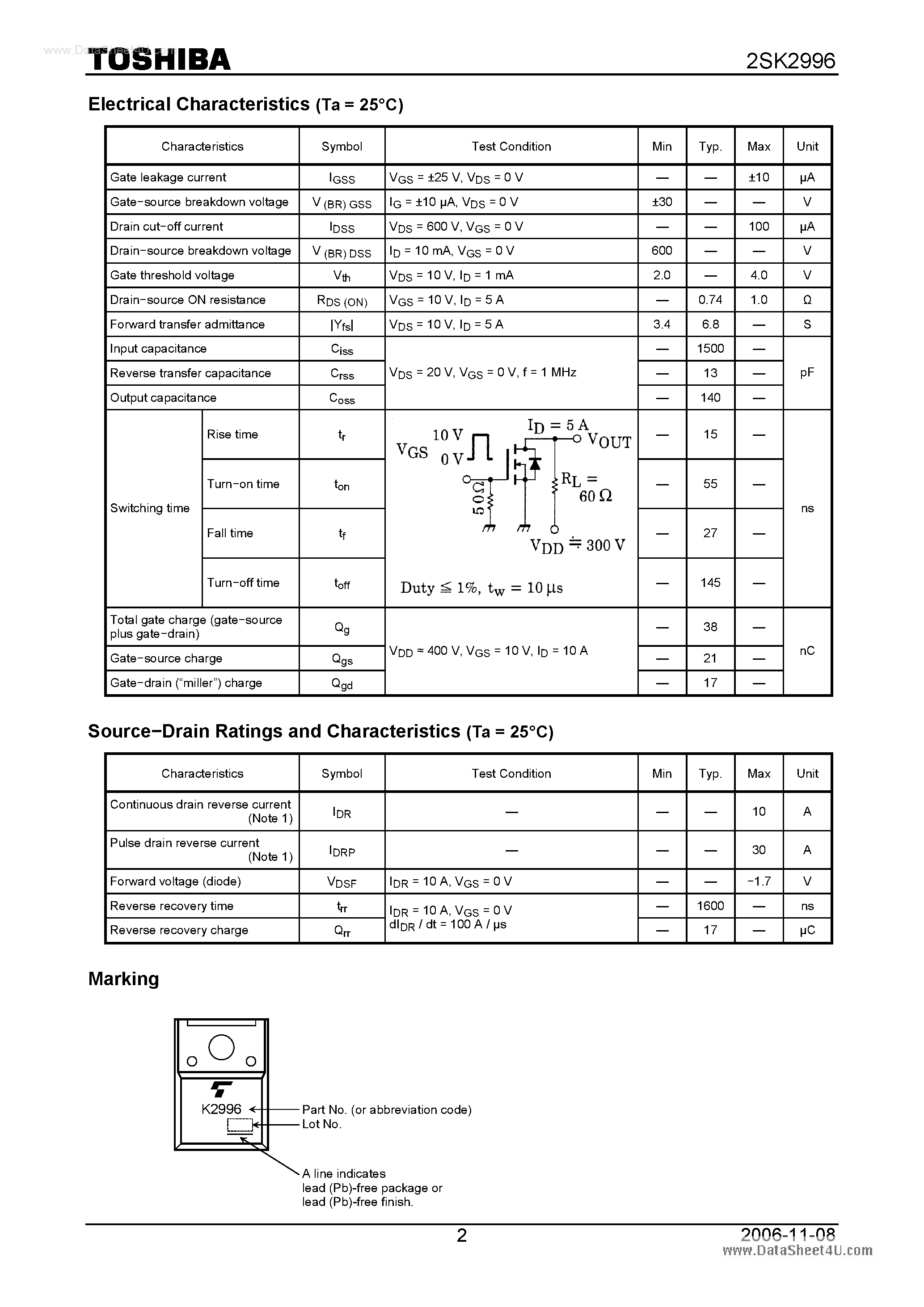 Datasheet 2SK2996 - SILICON N CHANNEL MOS TYPE(HIGH SPEED/ HIGH VOLTAGE SWITCHING APPLICATIONS CHOPPER REGULATOR) page 2