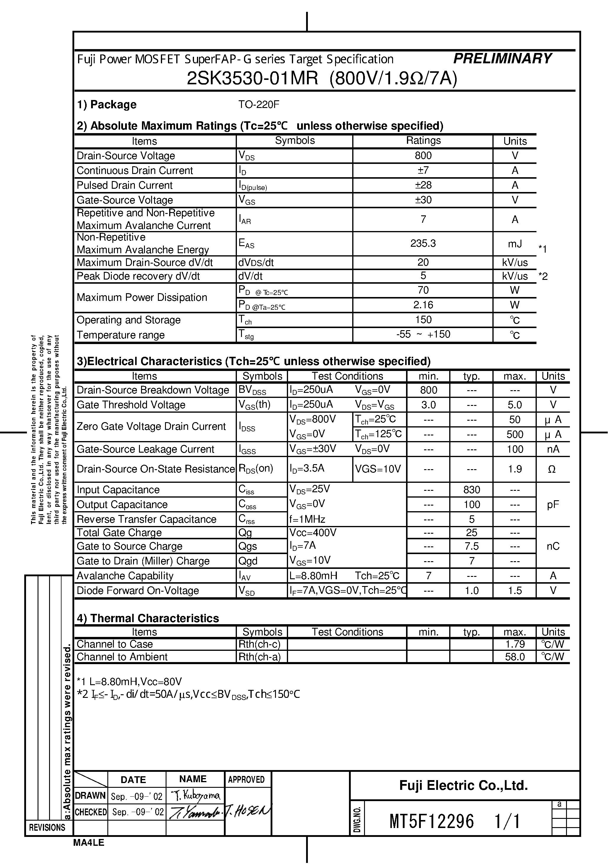 Даташит 2SK3530-01MR - Fuji Power MOSFET SuperFAP-G series Target Specification страница 1