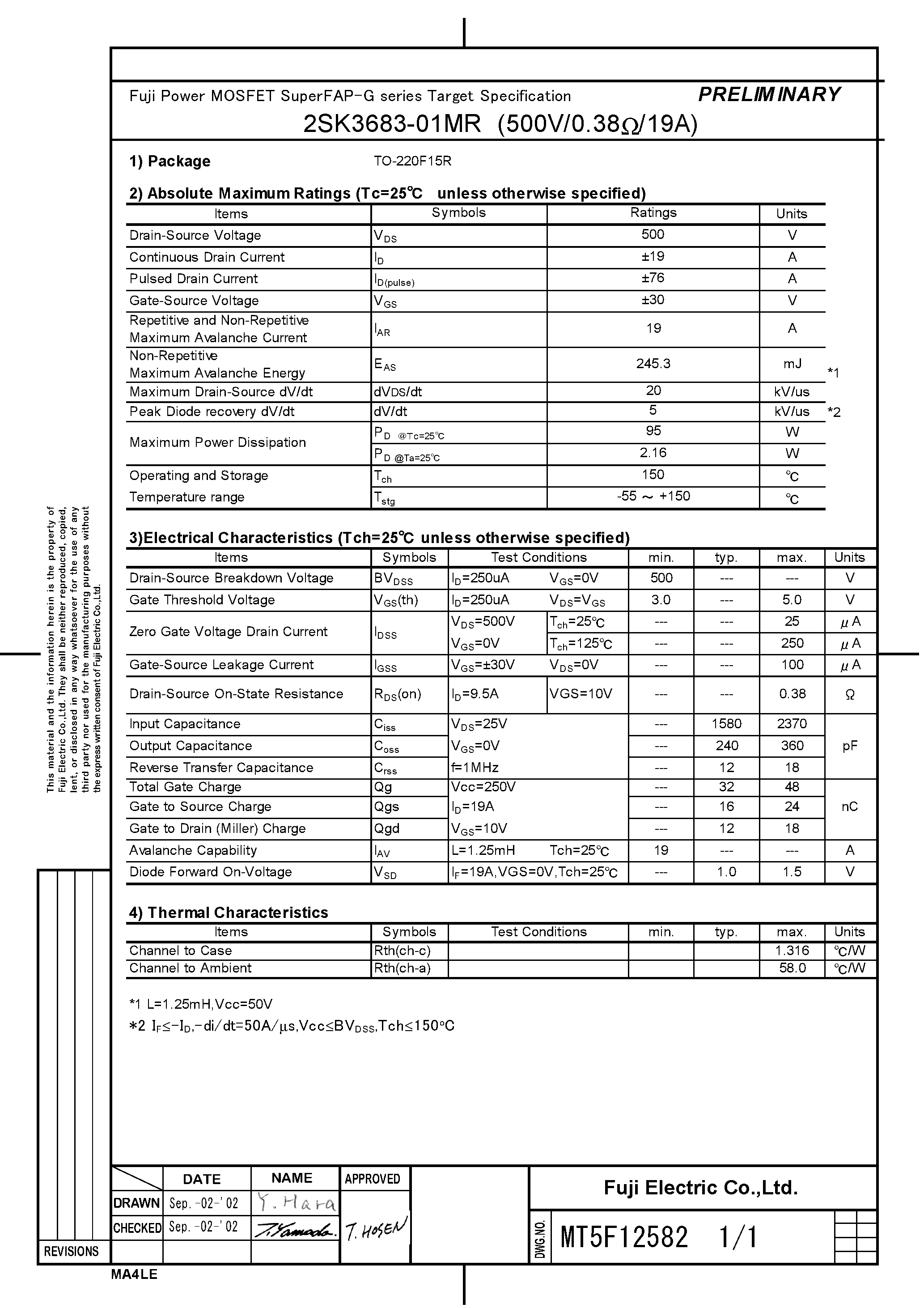 Даташит 2SK3683-01MR - Fuji Power MOSFET SuperFAP-G series Target Specification страница 1