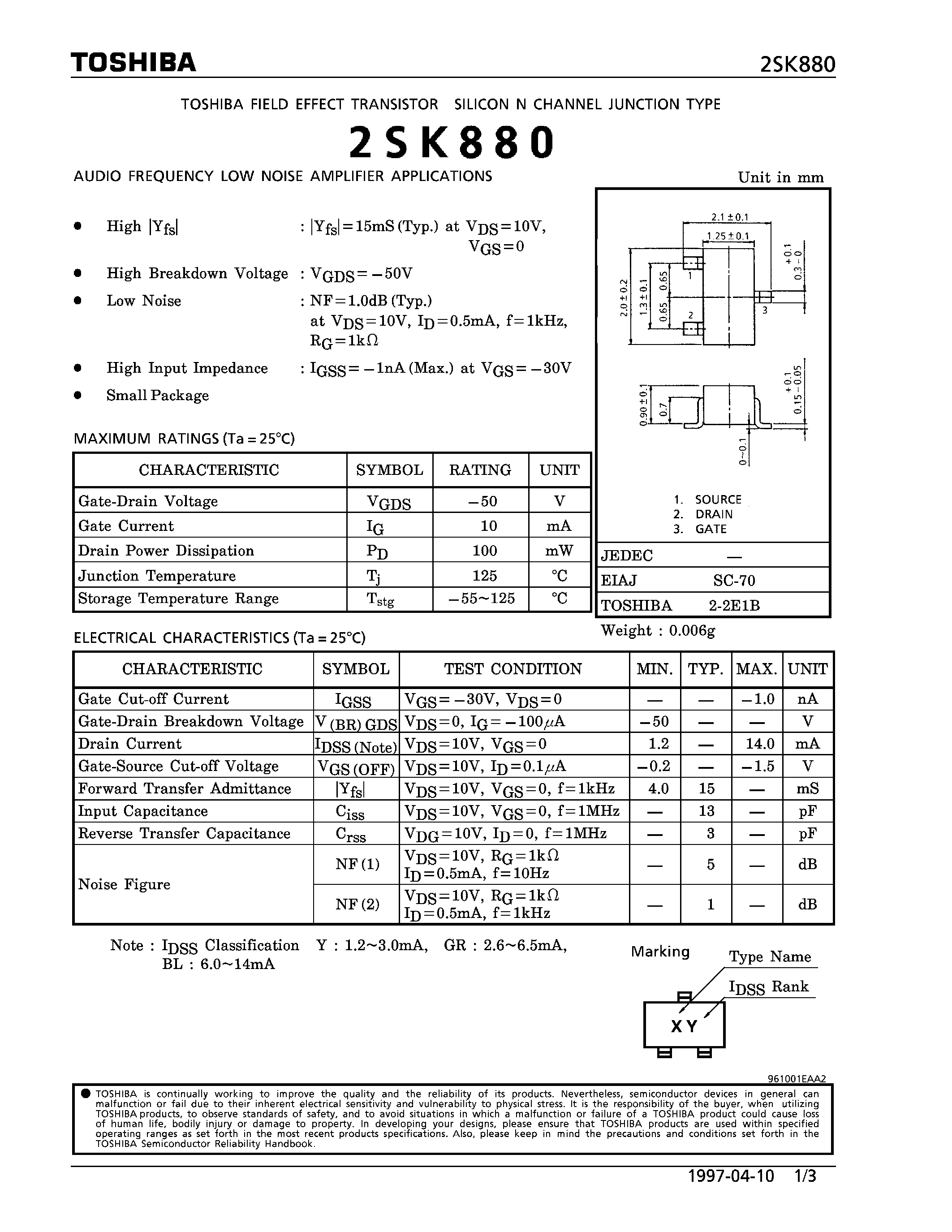 Datasheet 2SK880 - M CHANNEL JUNCTION TYPE (AUDIO FREQUENCY LOW NOISE AMPLIFIER APPLICATIONS) page 1