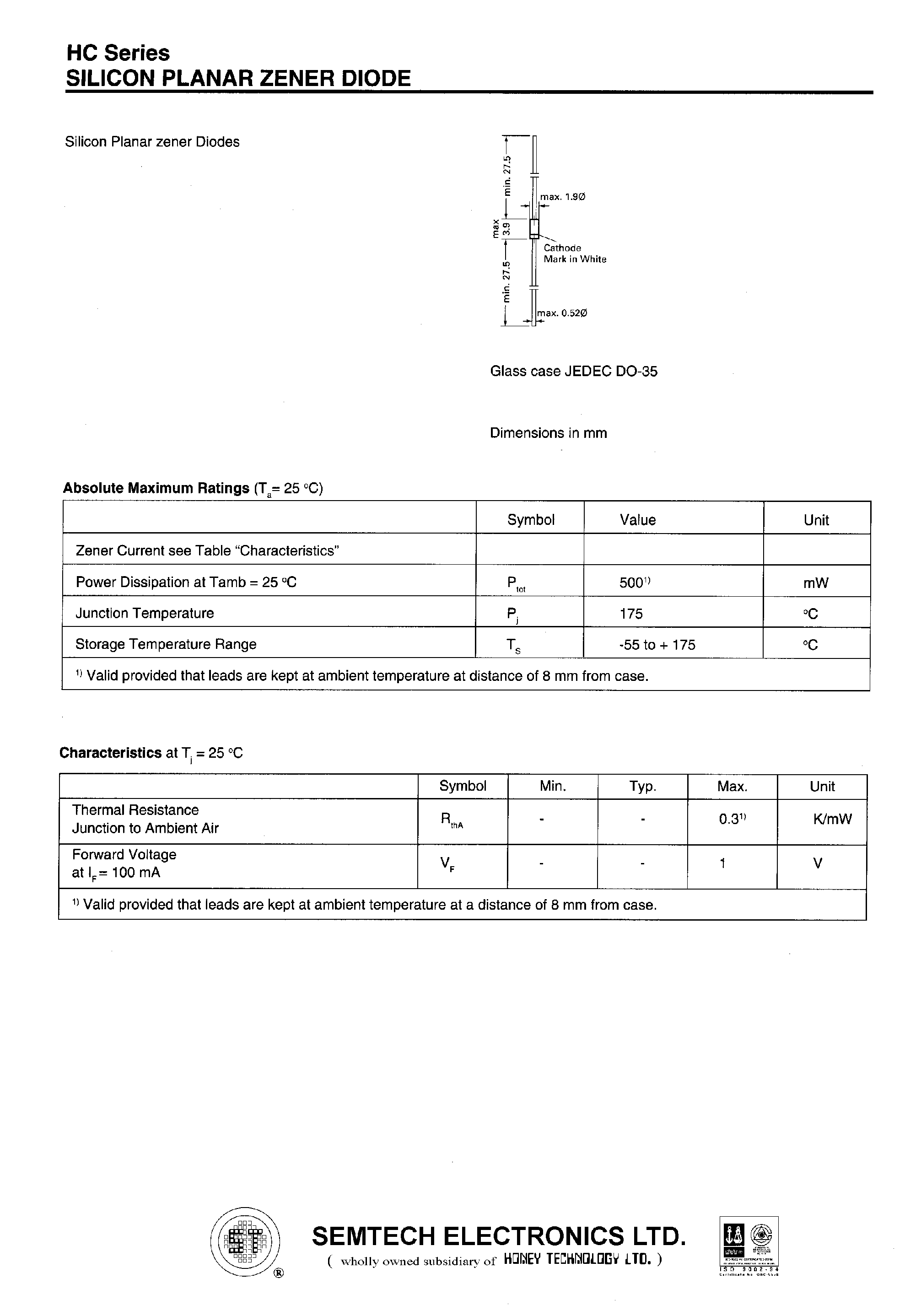 Даташит 3.0HC - SILICON PLANAR ZENER DIODE страница 1