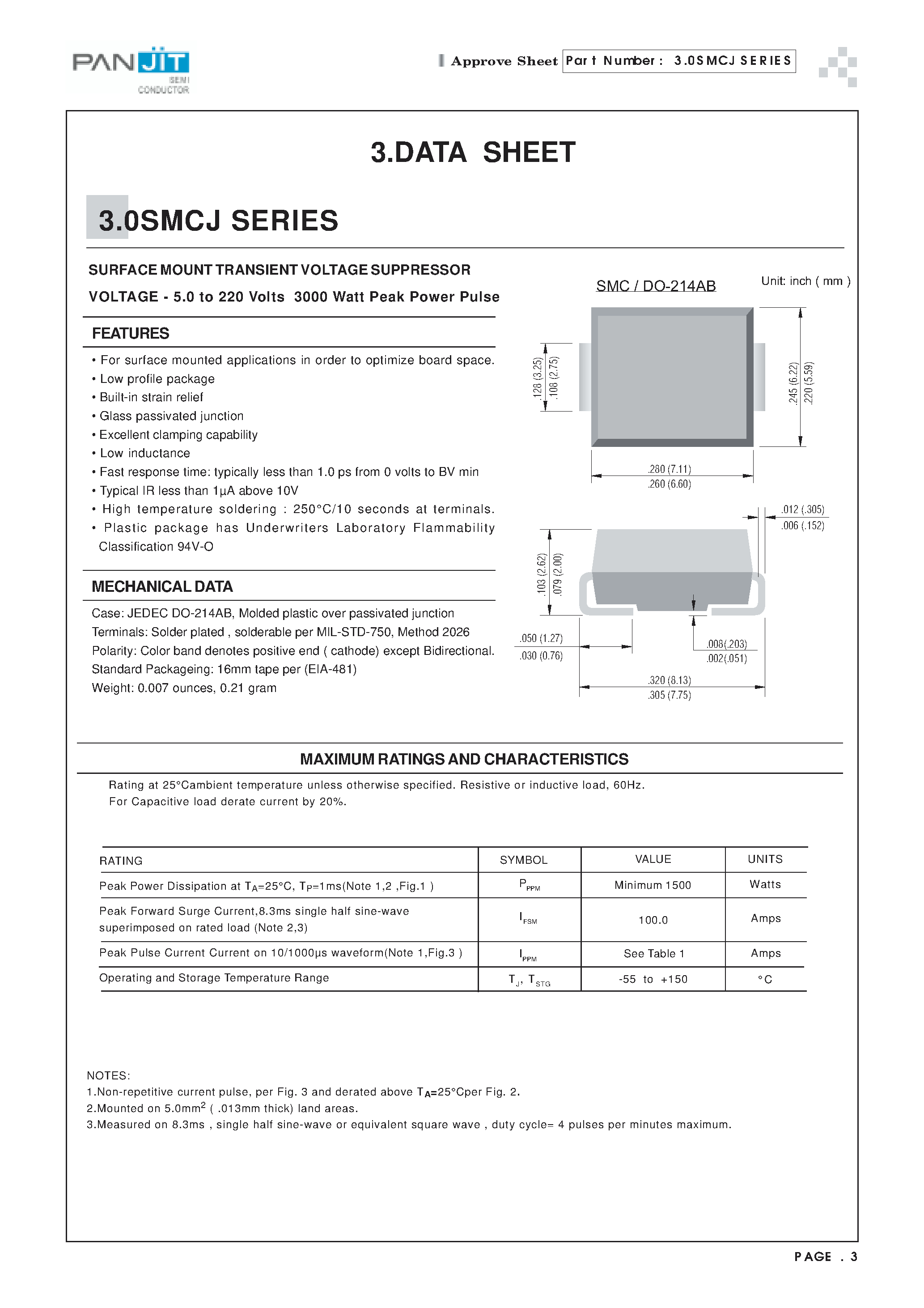 Даташит 3.0SMCJ - SURFACE MOUNT TRANSIENT VOLTAGE SUPPRESSOR(VOLTAGE - 5.0 to 220 Volts 3000 Watt Peak Power Pulse) страница 1