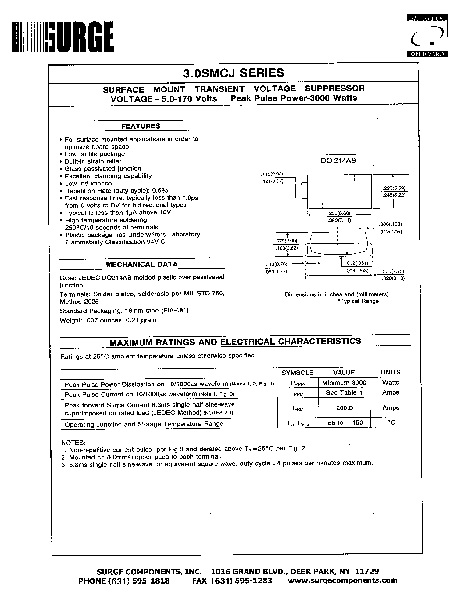 Даташит 3.0SMCJ - SURFACE MOUNT TRANSIENT VOLTAGE SUPPRESSOR VOLTAGE-5.0-170Volts страница 1